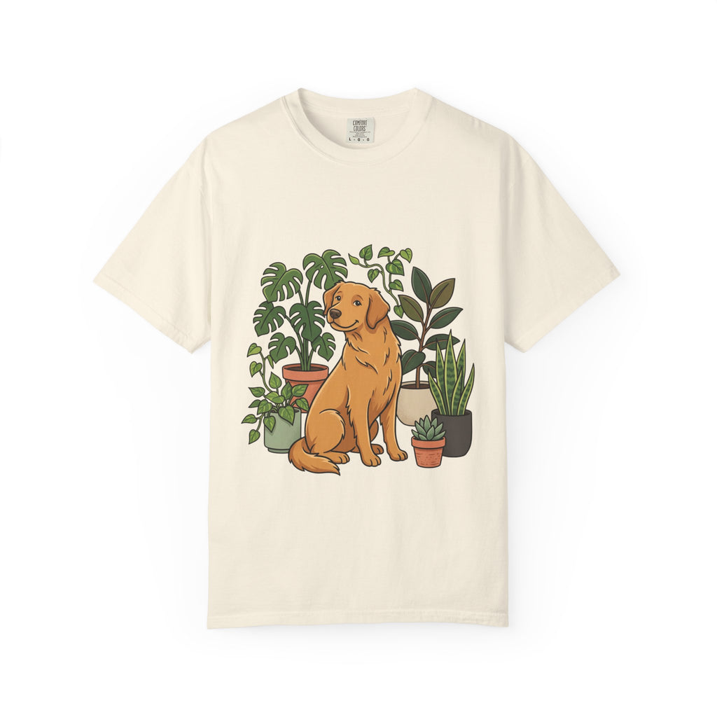 Plant Lover Dog T-Shirt — Golden Retriever with Houseplants Graphic Tee