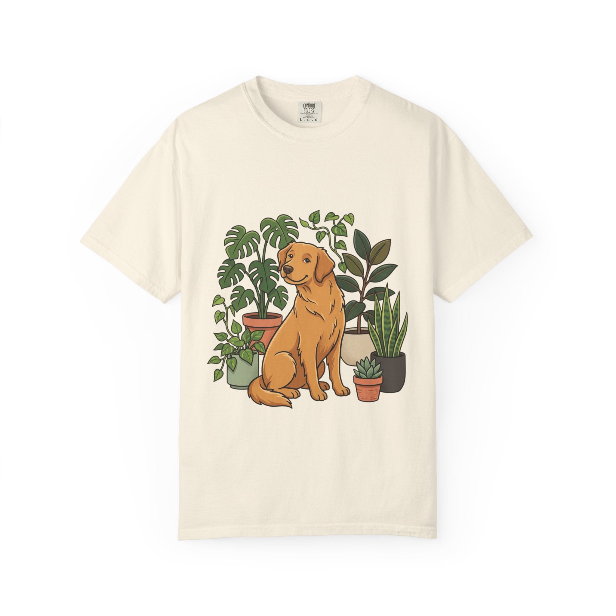 Plant Lover Dog T-Shirt — Golden Retriever with Houseplants Graphic Tee