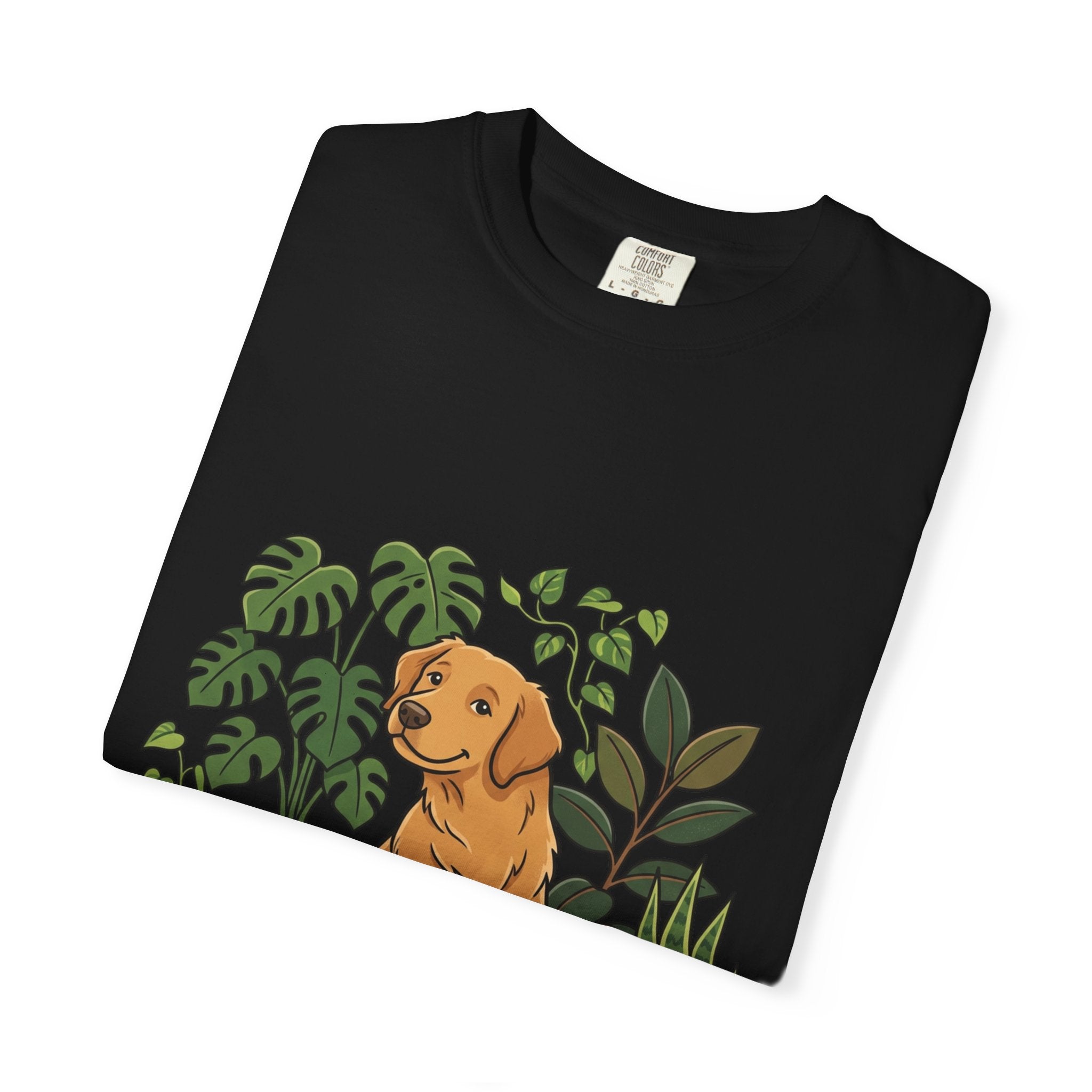 Plant Lover Dog T-Shirt — Golden Retriever with Houseplants Graphic Tee