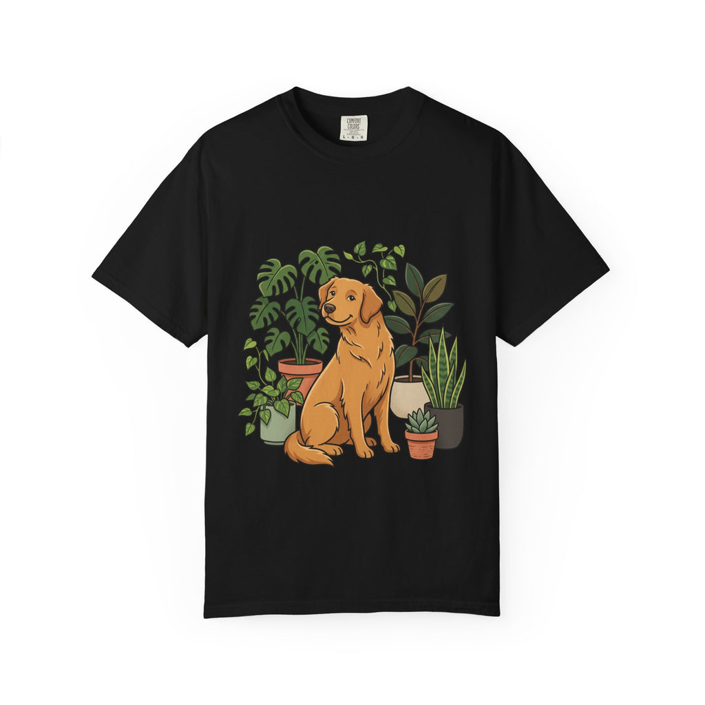 Plant Lover Dog T-Shirt — Golden Retriever with Houseplants Graphic Tee