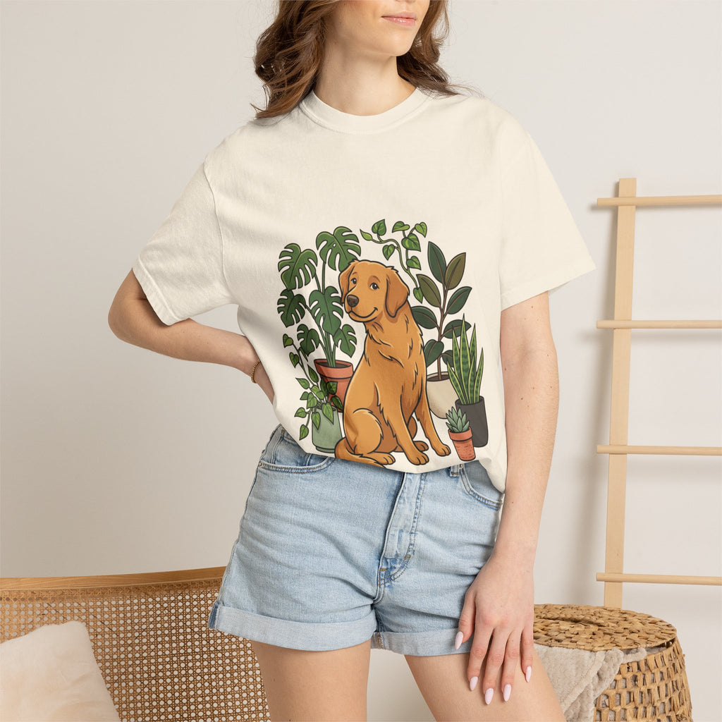 Plant Lover Dog T-Shirt — Golden Retriever with Houseplants Graphic Tee