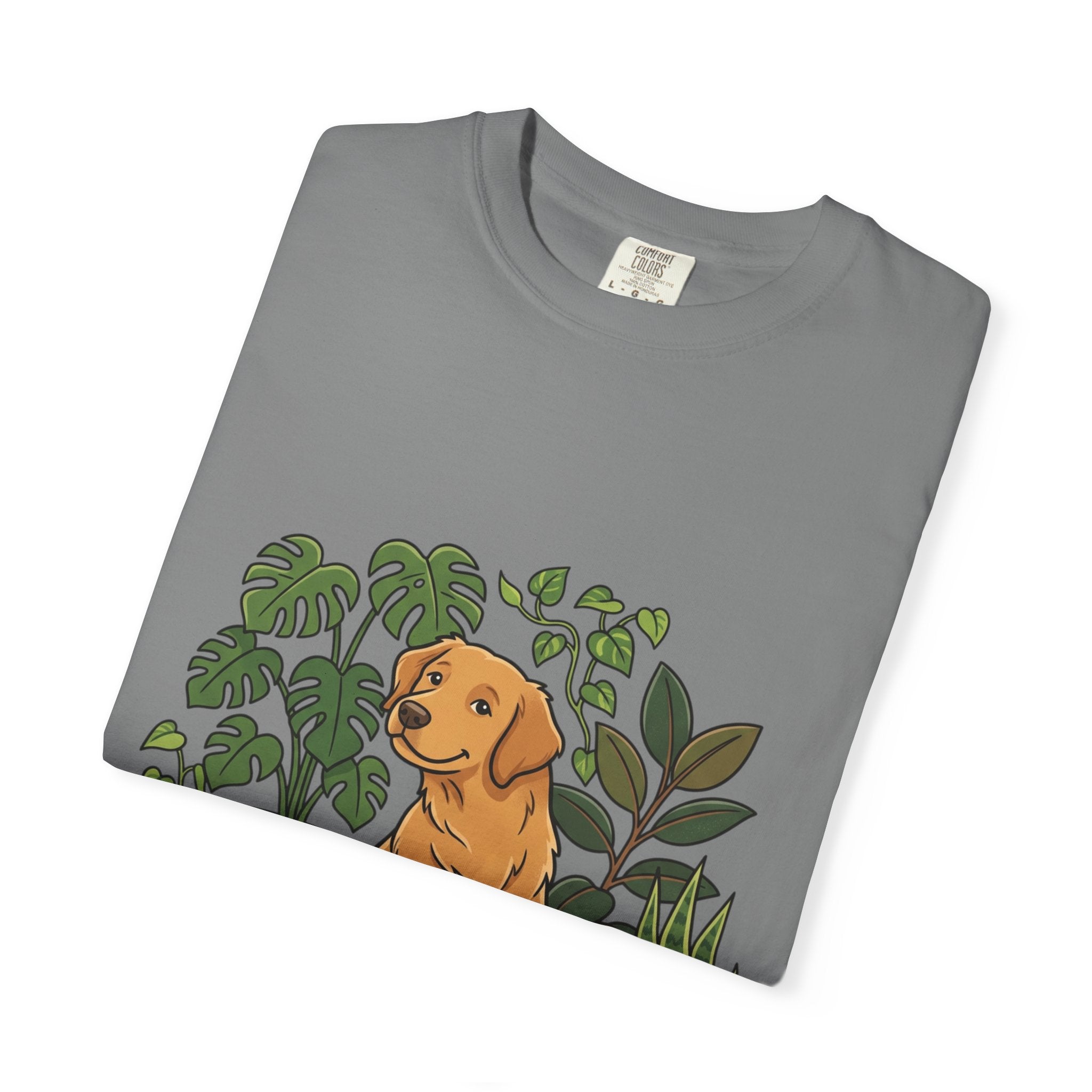 Plant Lover Dog T-Shirt — Golden Retriever with Houseplants Graphic Tee