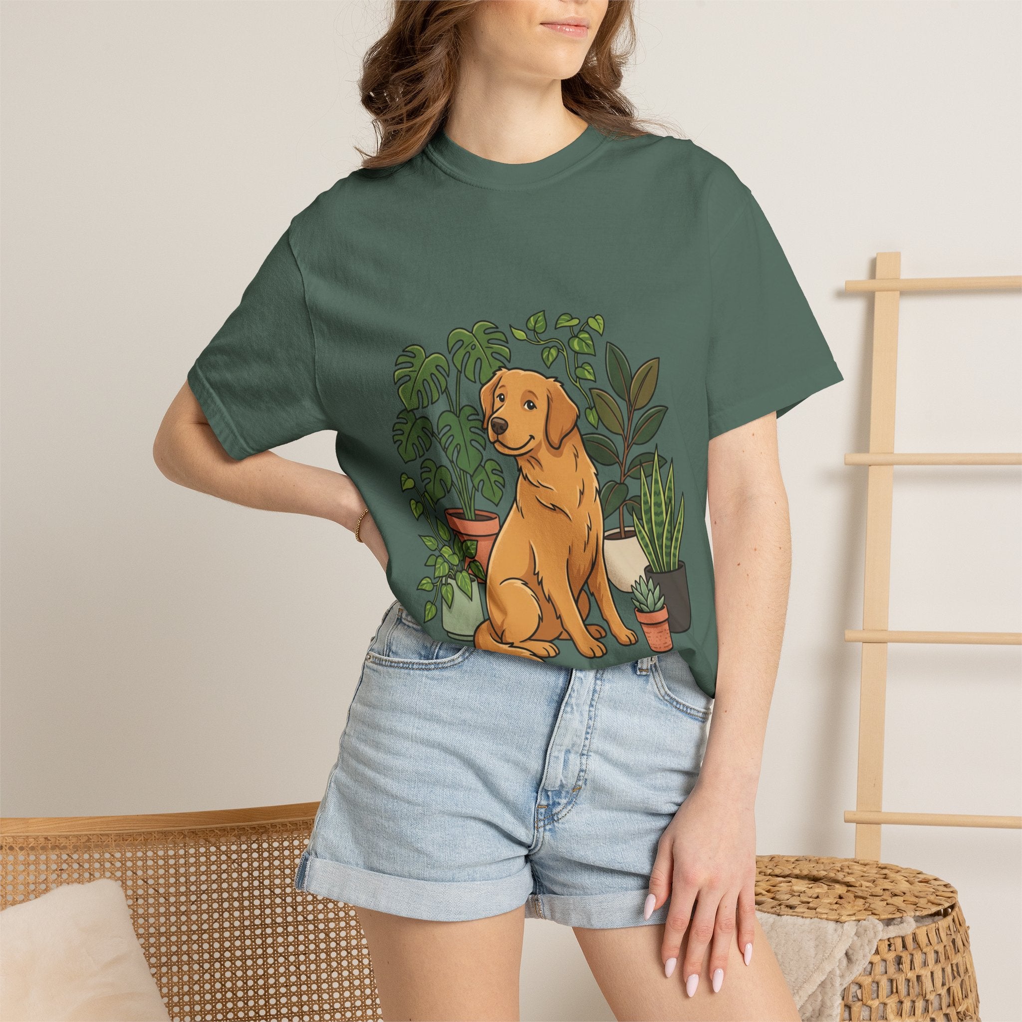 Plant Lover Dog T-Shirt — Golden Retriever with Houseplants Graphic Tee