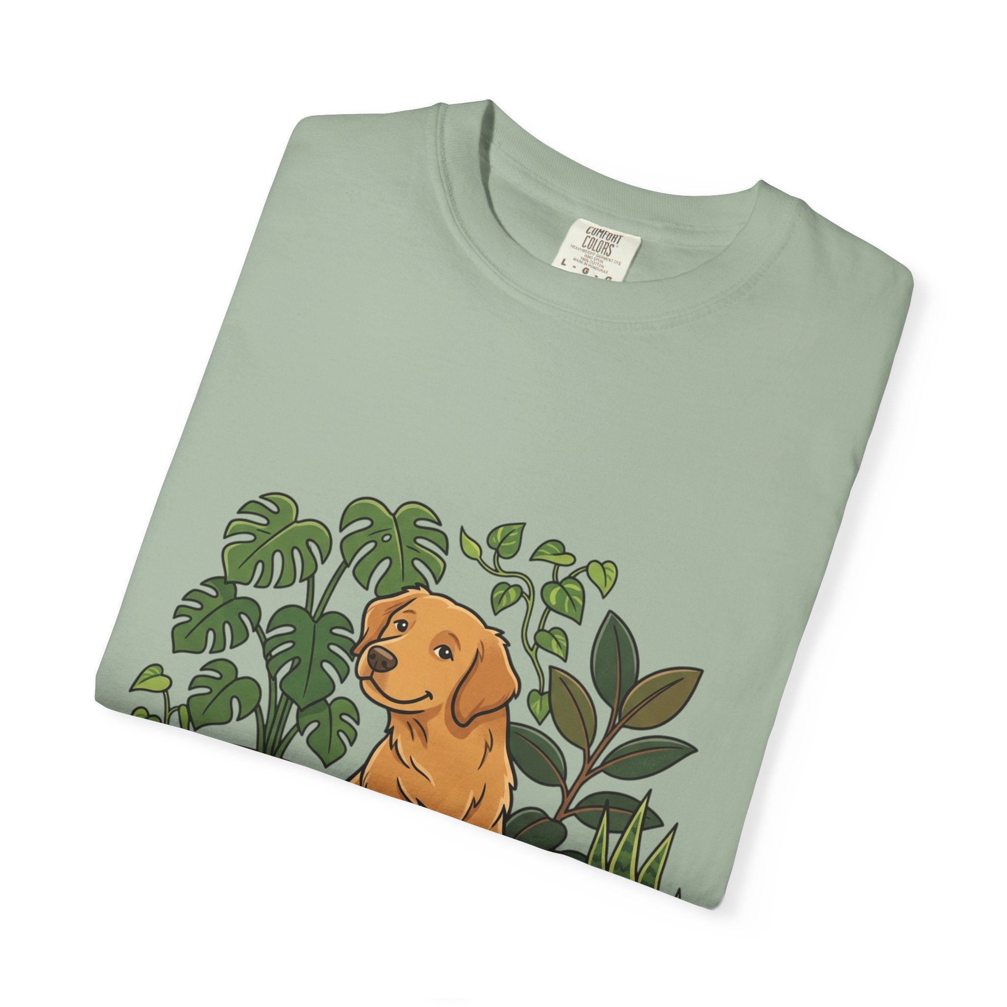 Plant Lover Dog T-Shirt — Golden Retriever with Houseplants Graphic Tee
