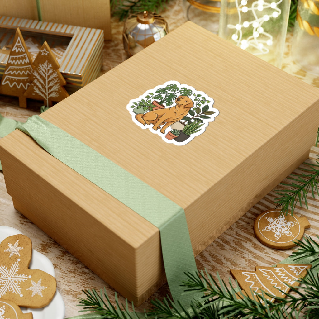 Golden Retriever & Houseplants Sticker — Cute Dog Laptop Decal
