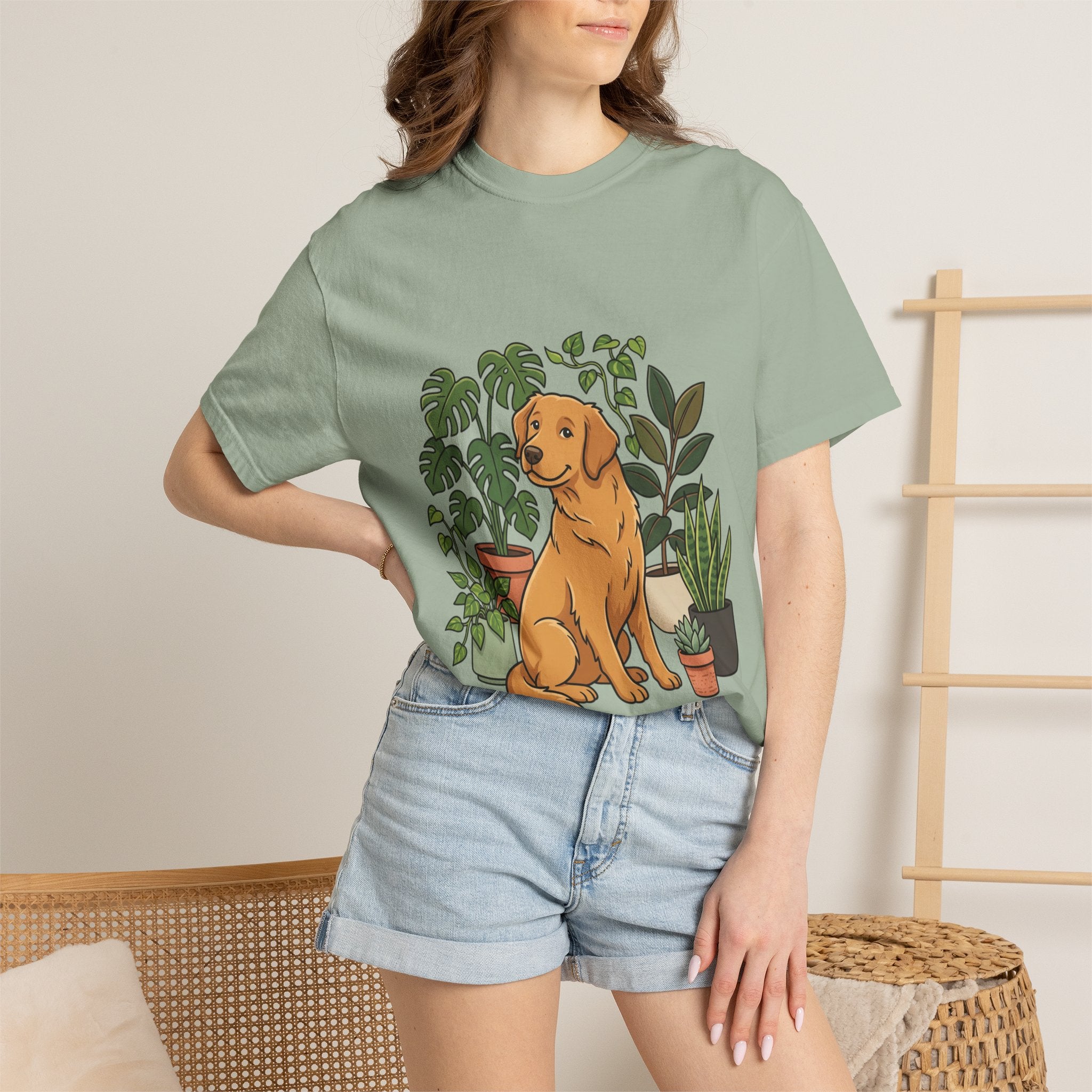 Plant Lover Dog T-Shirt — Golden Retriever with Houseplants Graphic Tee