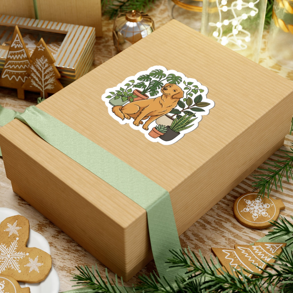 Golden Retriever & Houseplants Sticker — Cute Dog Laptop Decal