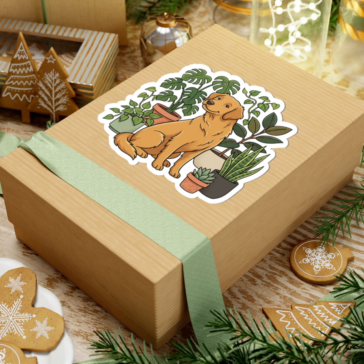 Golden Retriever & Houseplants Sticker — Cute Dog Laptop Decal