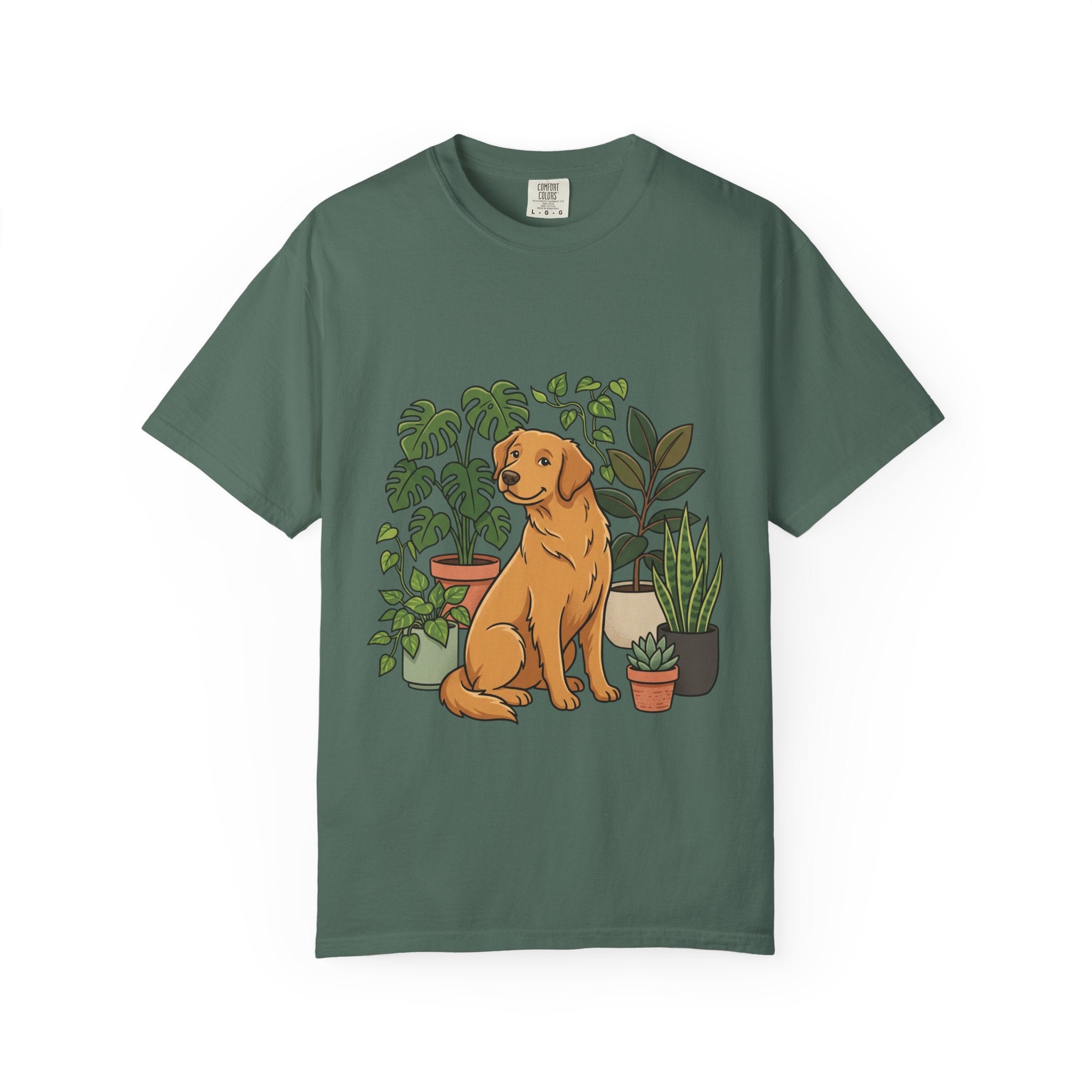 Plant Lover Dog T-Shirt — Golden Retriever with Houseplants Graphic Tee