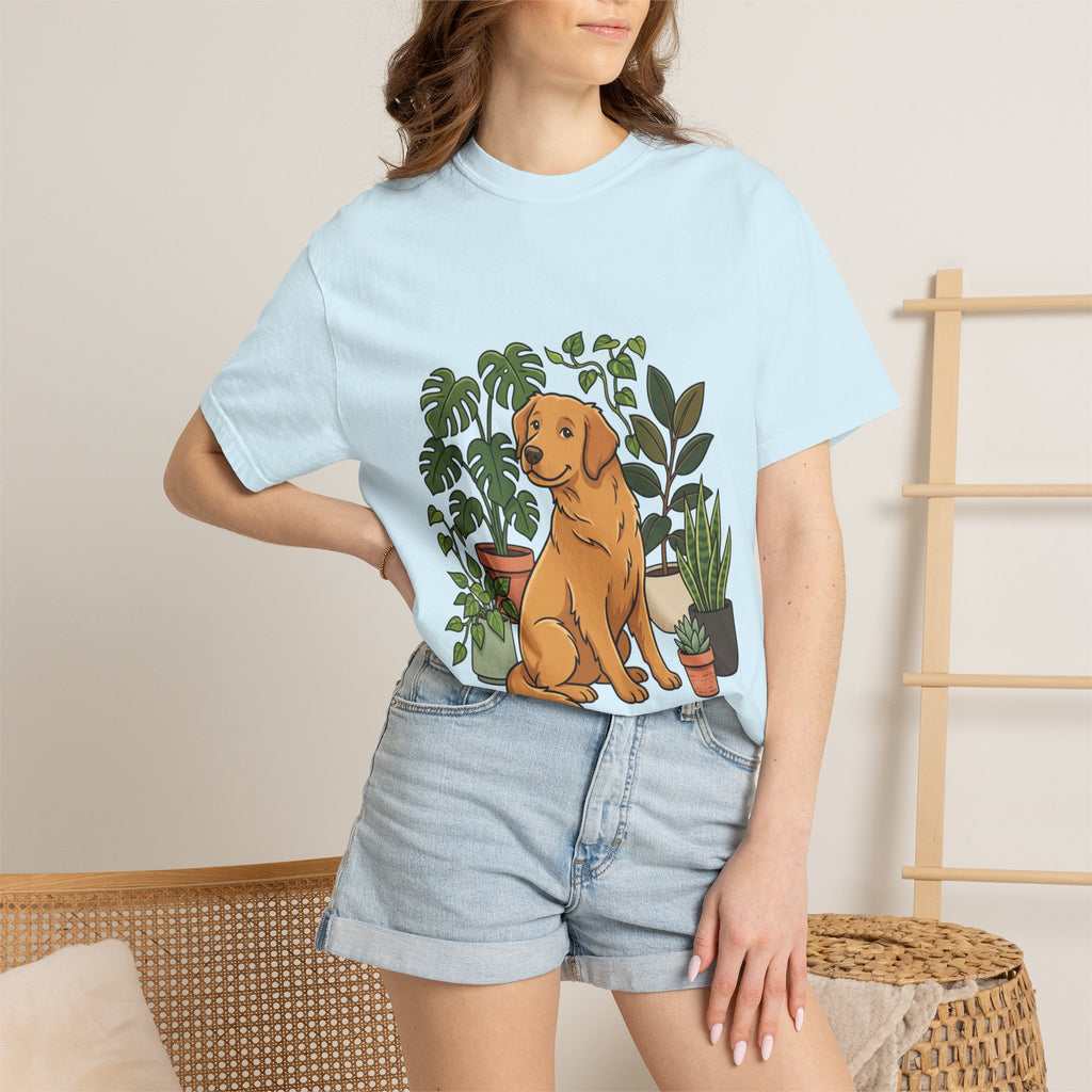 Plant Lover Dog T-Shirt — Golden Retriever with Houseplants Graphic Tee