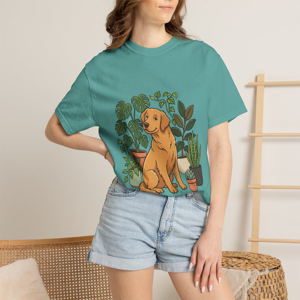Plant Lover Dog T-Shirt — Golden Retriever with Houseplants Graphic Tee