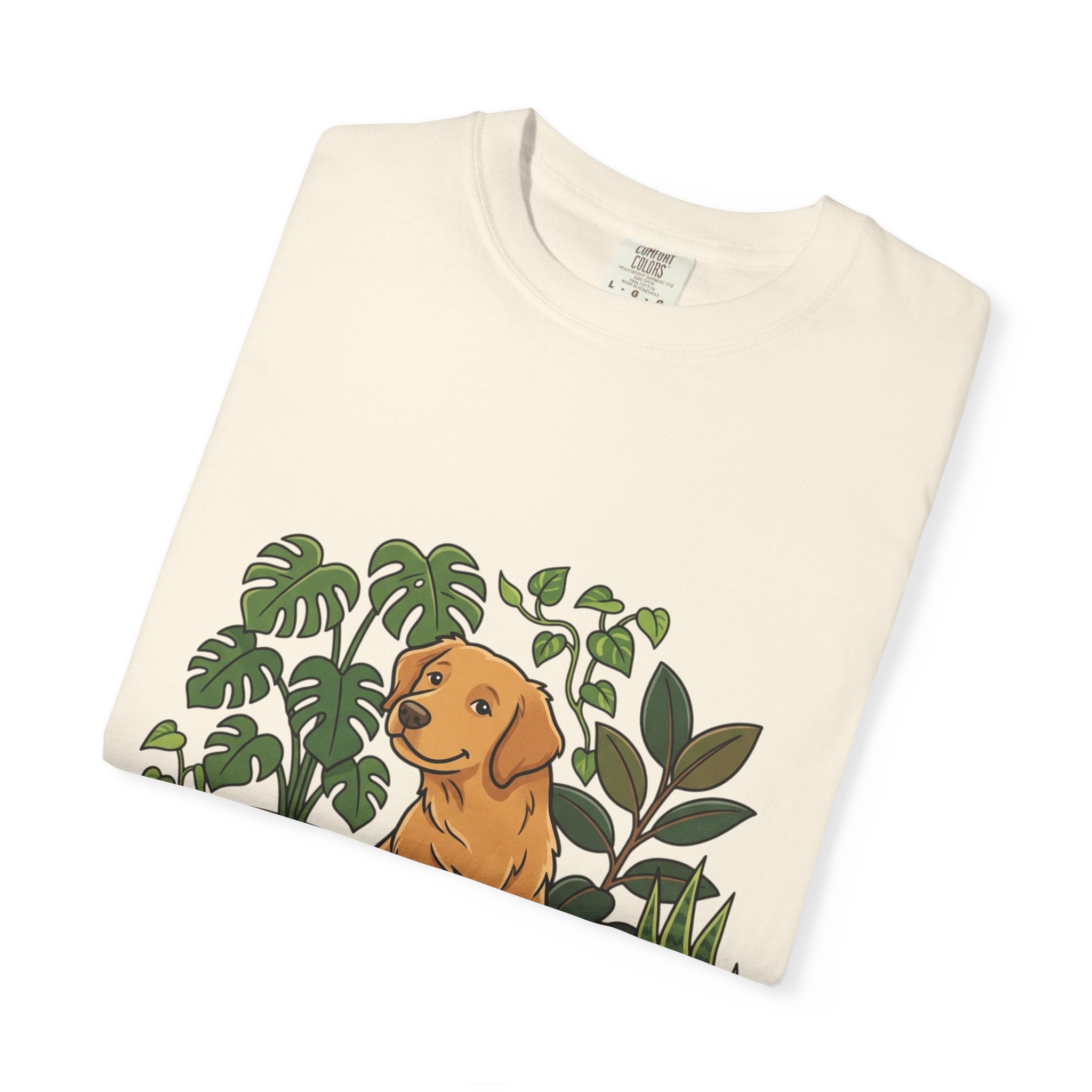 Plant Lover Dog T-Shirt — Golden Retriever with Houseplants Graphic Tee