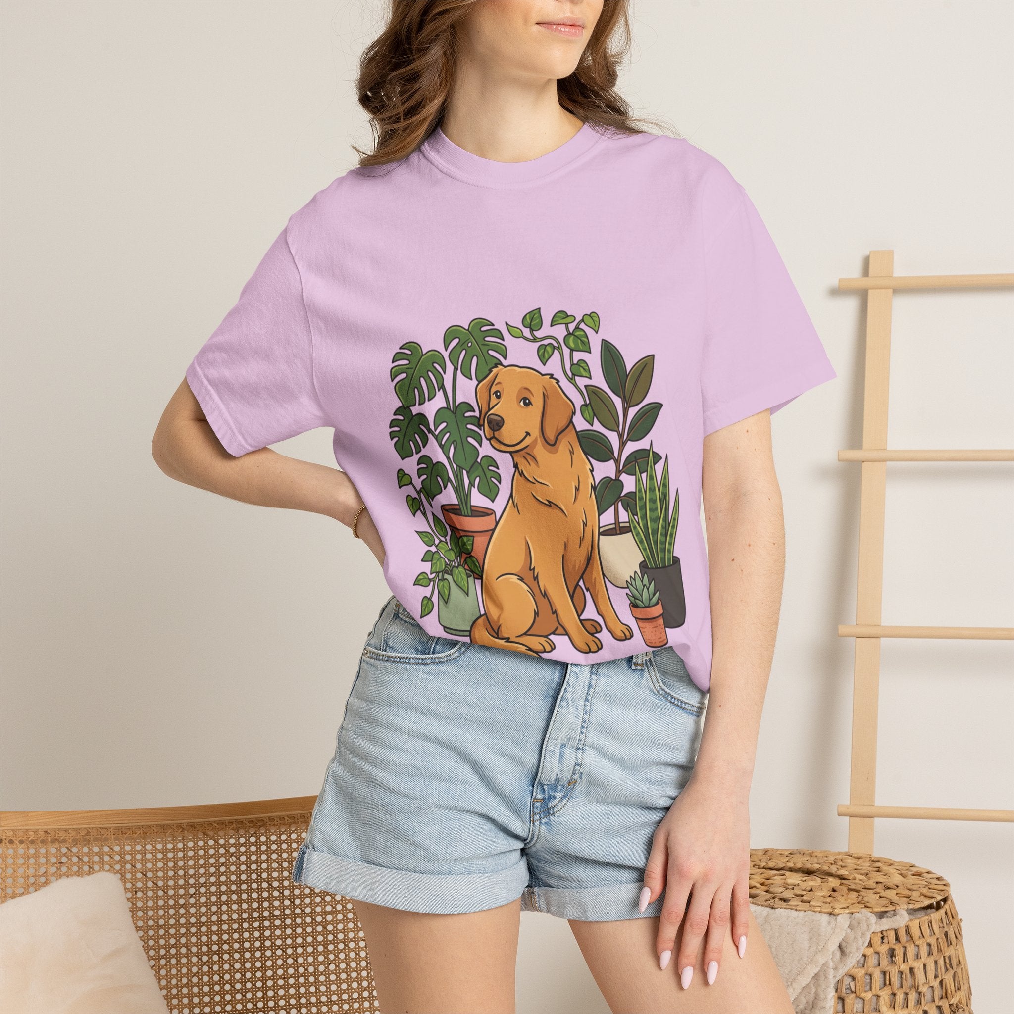 Plant Lover Dog T-Shirt — Golden Retriever with Houseplants Graphic Tee