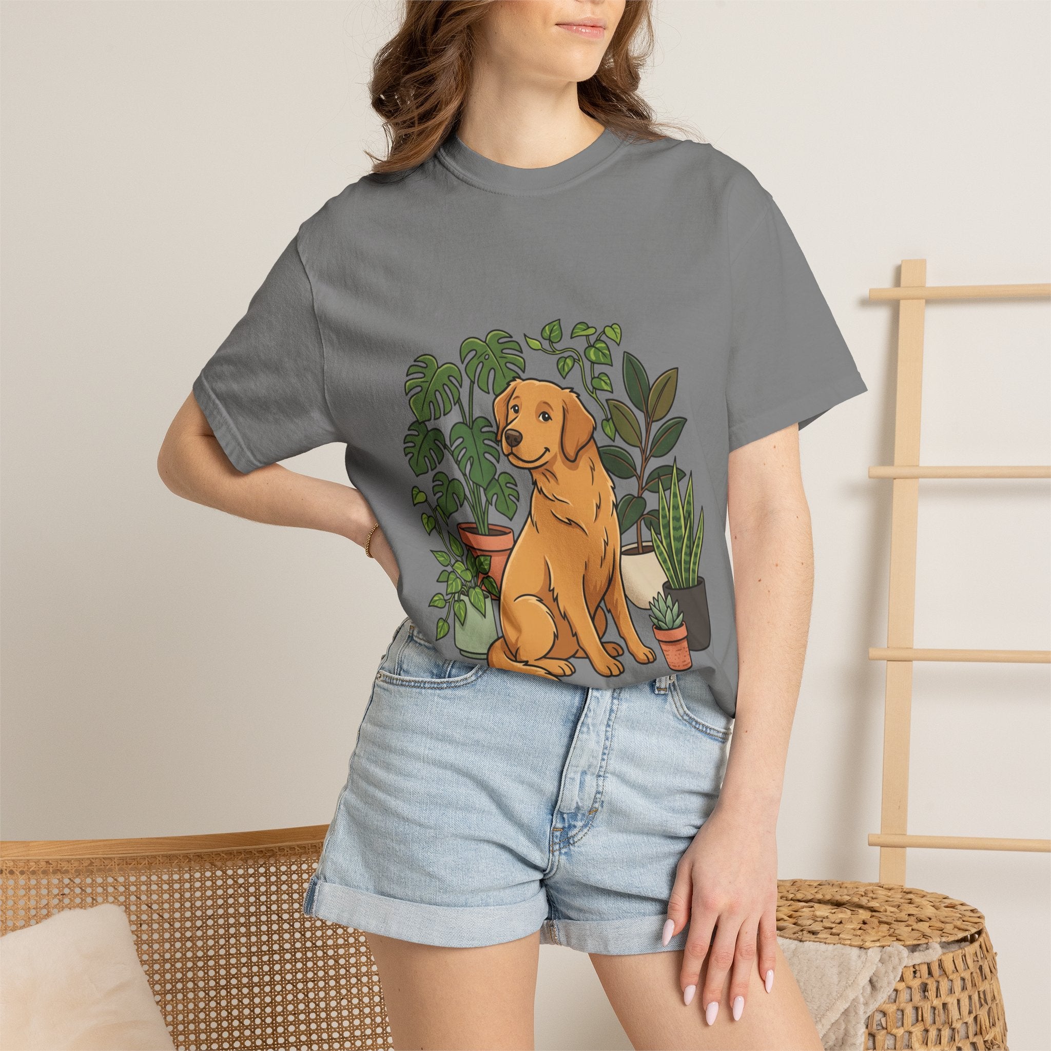 Plant Lover Dog T-Shirt — Golden Retriever with Houseplants Graphic Tee
