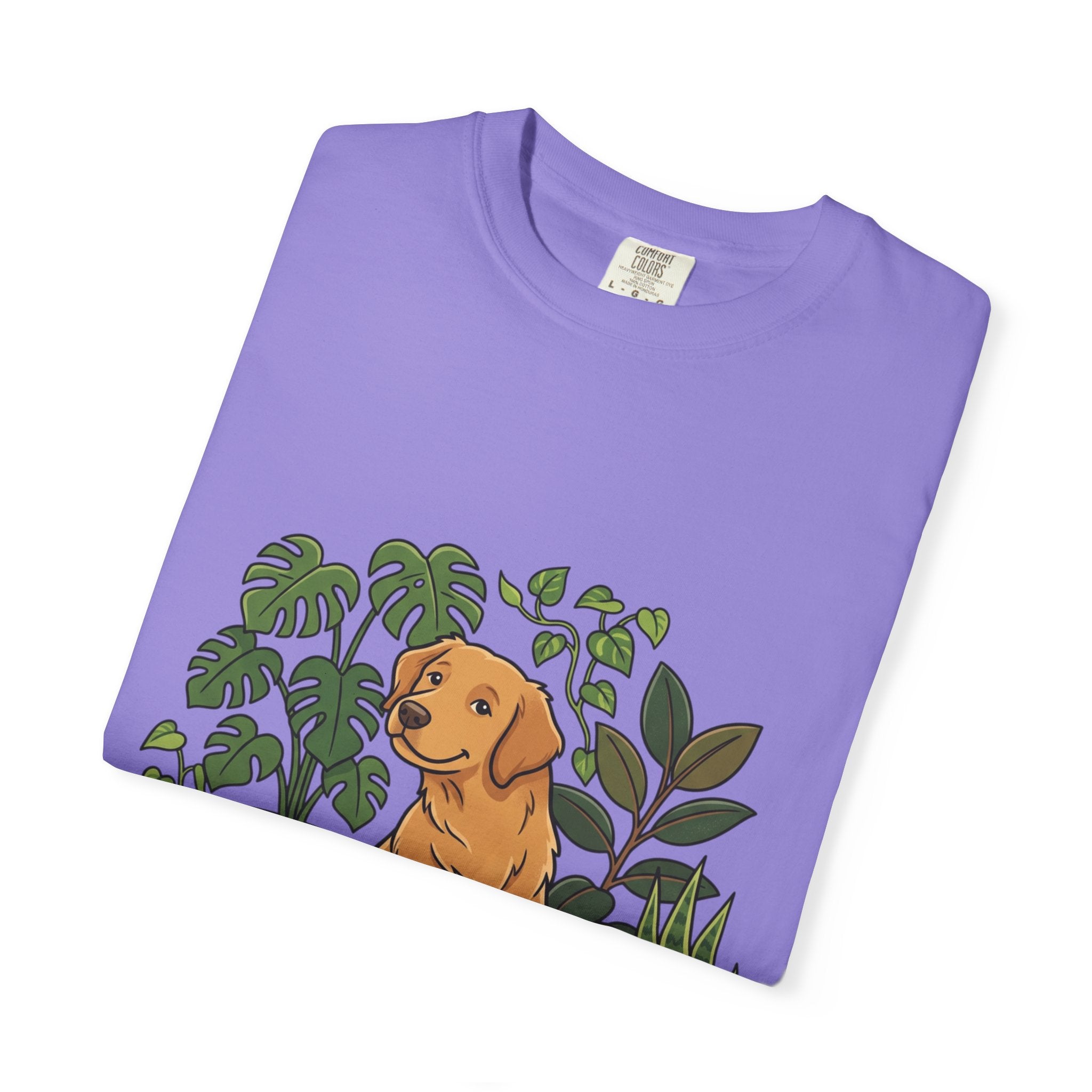 Plant Lover Dog T-Shirt — Golden Retriever with Houseplants Graphic Tee