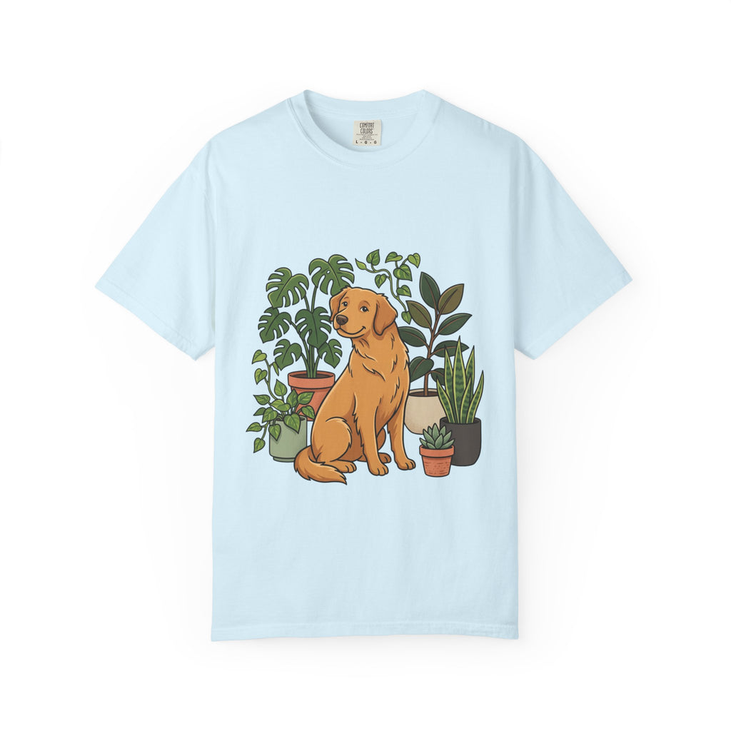 Plant Lover Dog T-Shirt — Golden Retriever with Houseplants Graphic Tee