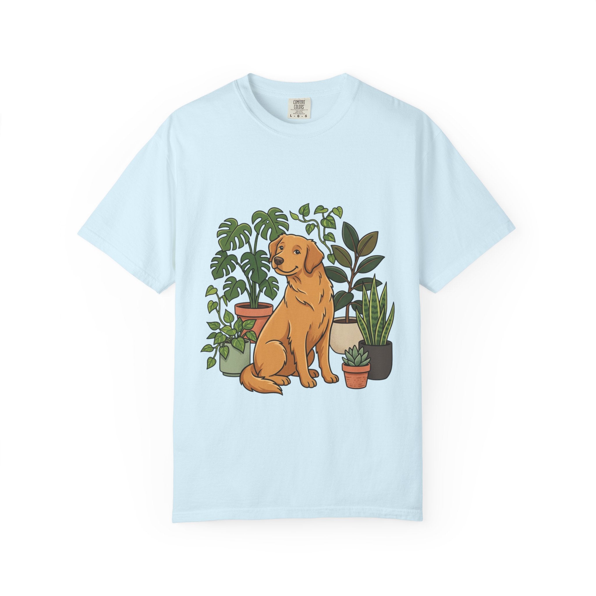 Plant Lover Dog T-Shirt — Golden Retriever with Houseplants Graphic Tee