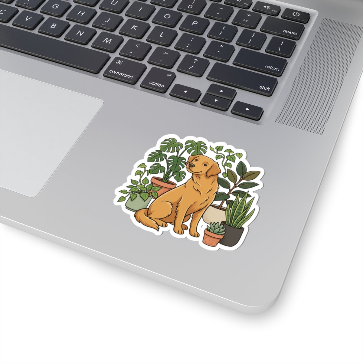 Golden Retriever & Houseplants Sticker — Cute Dog Laptop Decal