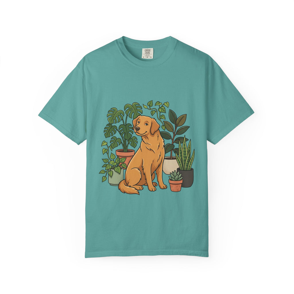 Plant Lover Dog T-Shirt — Golden Retriever with Houseplants Graphic Tee