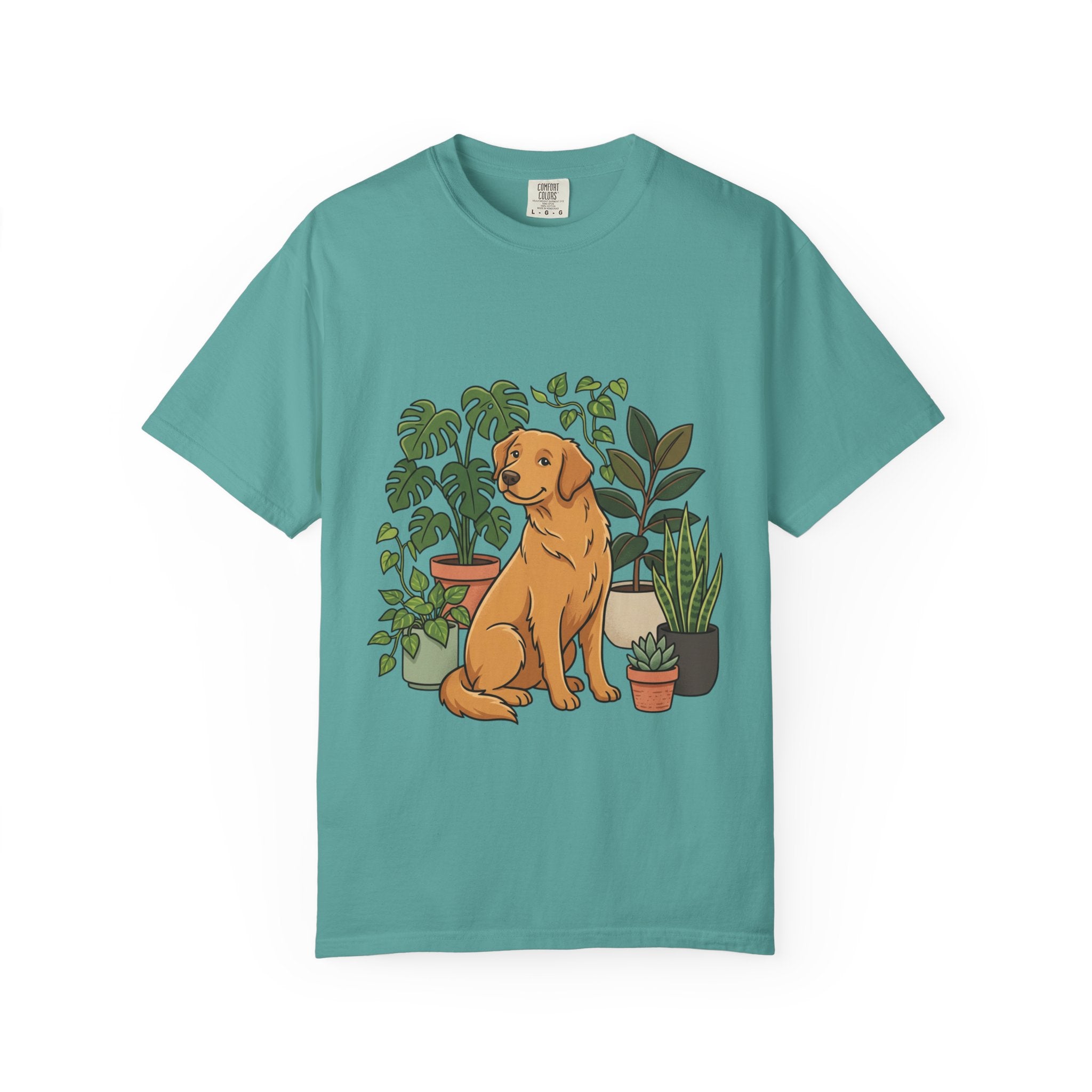 Plant Lover Dog T-Shirt — Golden Retriever with Houseplants Graphic Tee