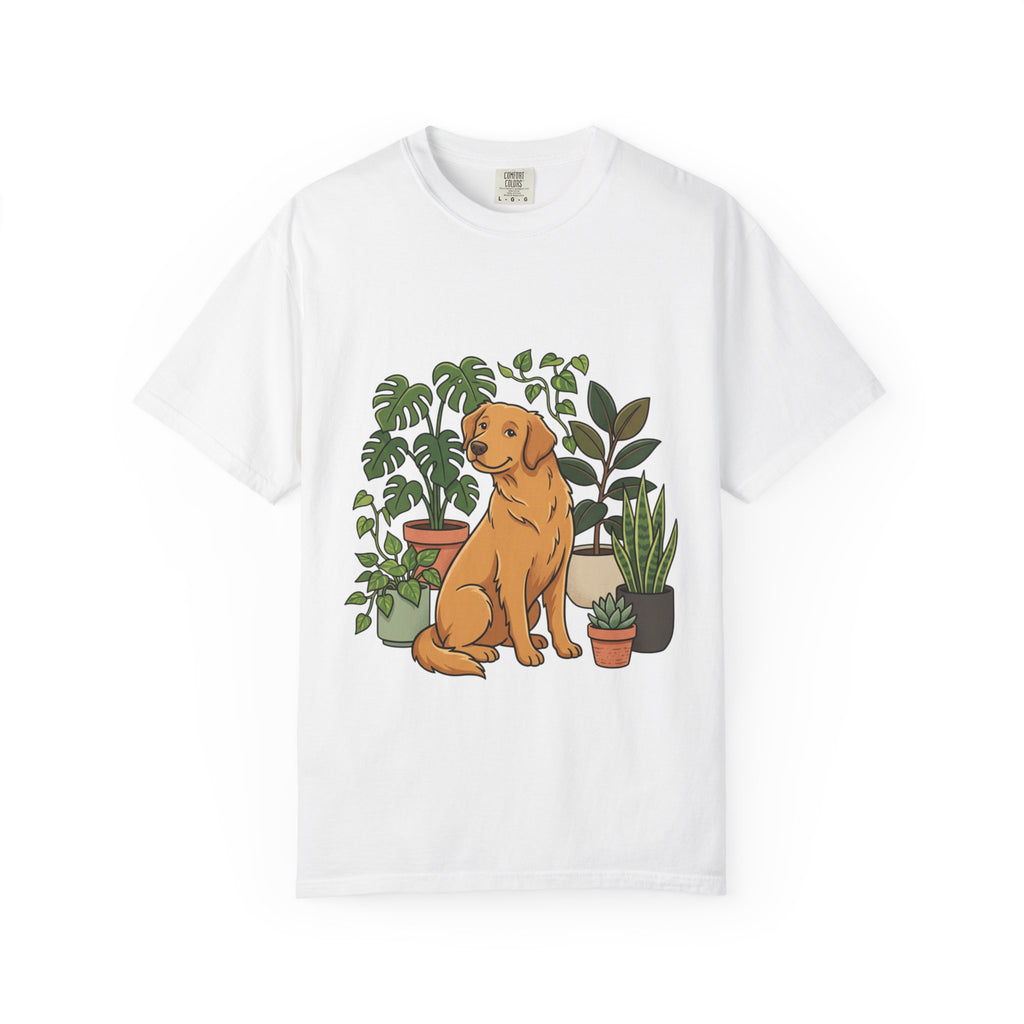 Plant Lover Dog T-Shirt — Golden Retriever with Houseplants Graphic Tee