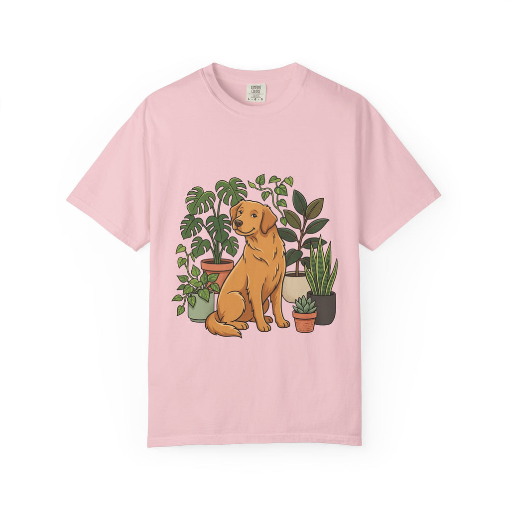 Plant Lover Dog T-Shirt — Golden Retriever with Houseplants Graphic Tee