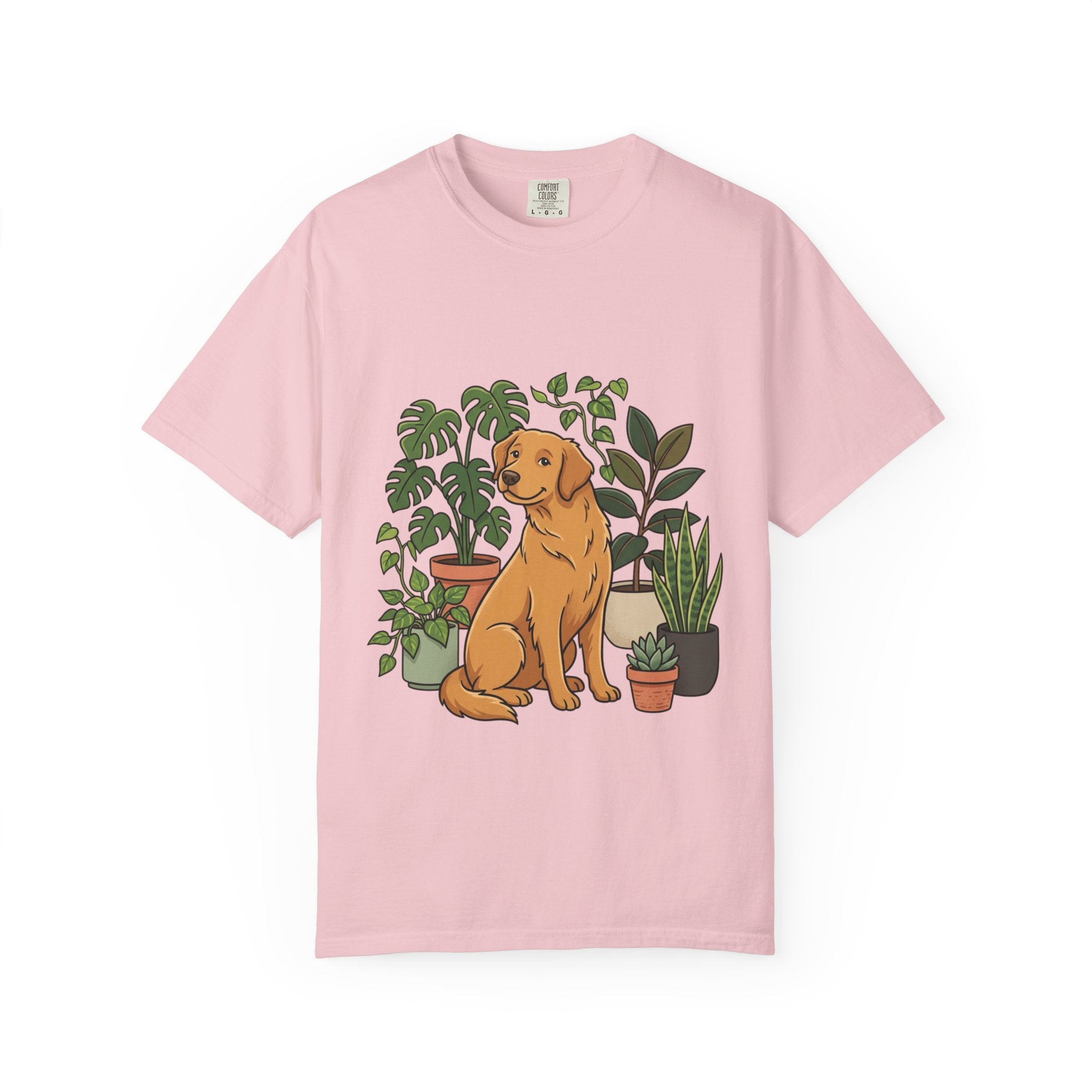 Plant Lover Dog T-Shirt — Golden Retriever with Houseplants Graphic Tee