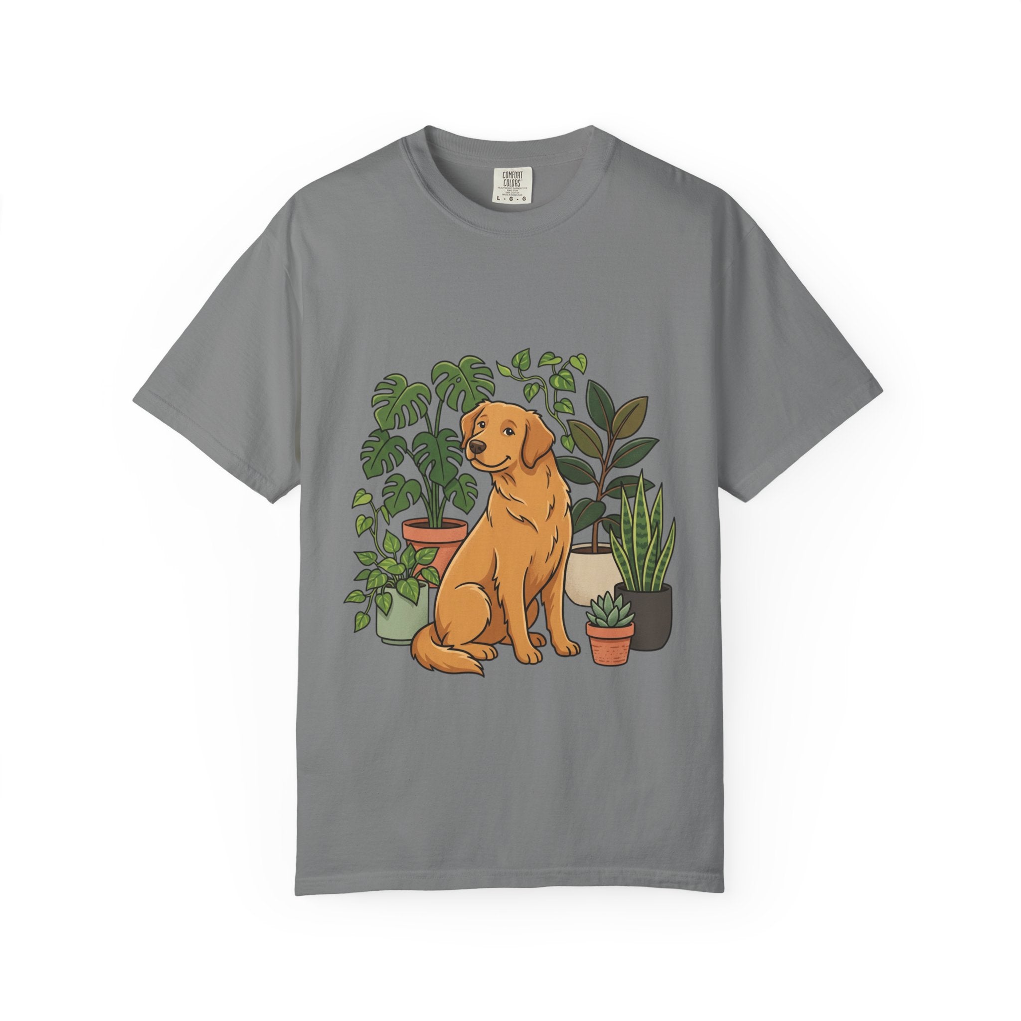Plant Lover Dog T-Shirt — Golden Retriever with Houseplants Graphic Tee