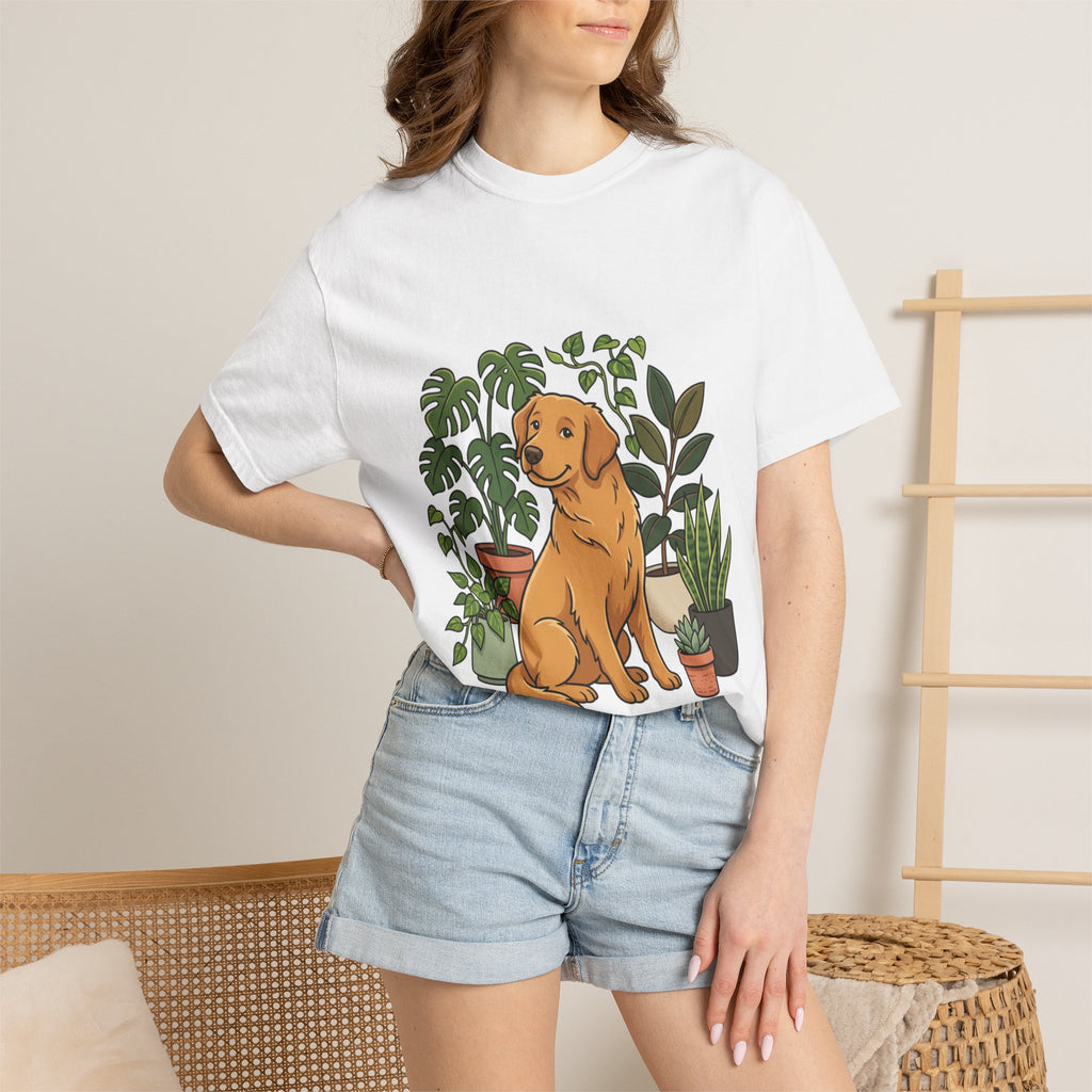 Plant Lover Dog T-Shirt — Golden Retriever with Houseplants Graphic Tee