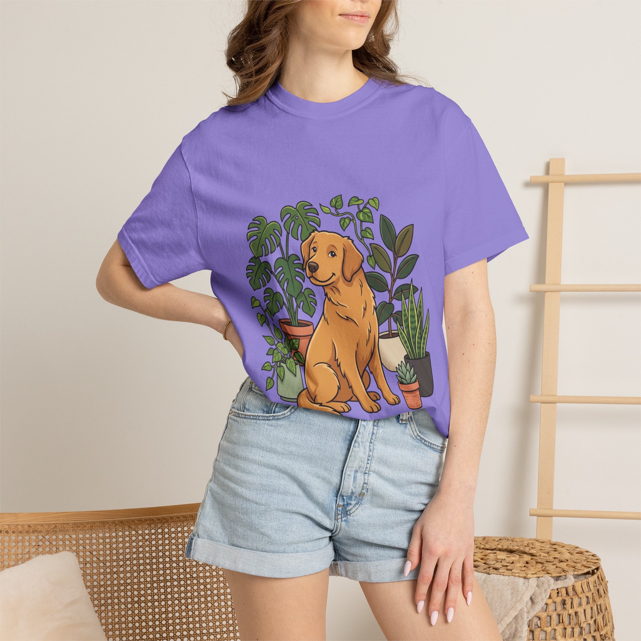 Plant Lover Dog T-Shirt — Golden Retriever with Houseplants Graphic Tee