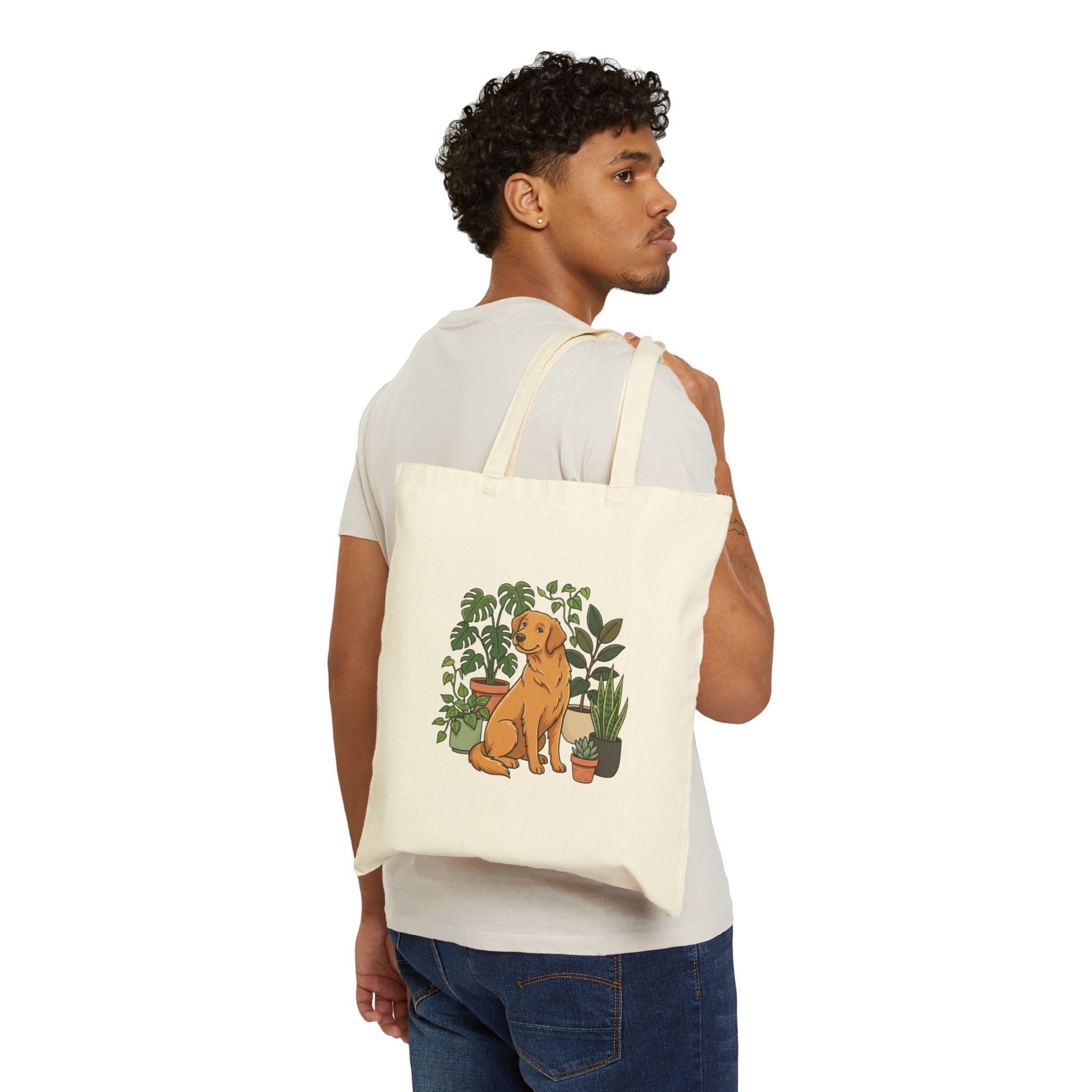 Canvas Tote Bag — Golden Retriever with Houseplants Illustration