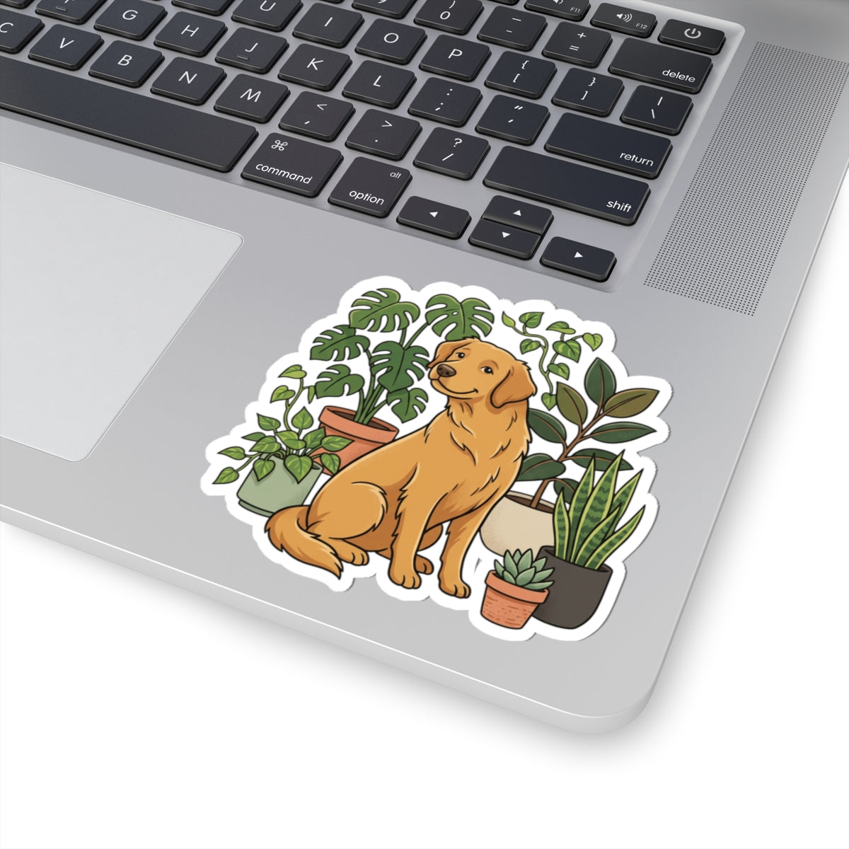Golden Retriever & Houseplants Sticker — Cute Dog Laptop Decal