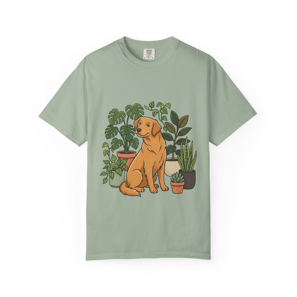 Plant Lover Dog T-Shirt — Golden Retriever with Houseplants Graphic Tee