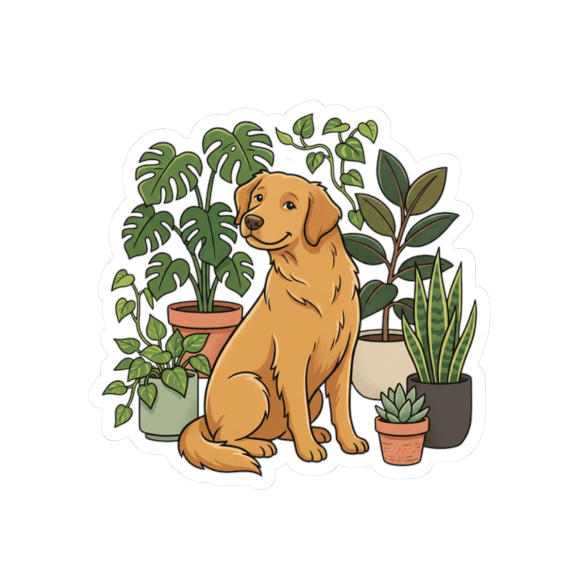 Golden Retriever & Houseplants Sticker — Cute Dog Laptop Decal