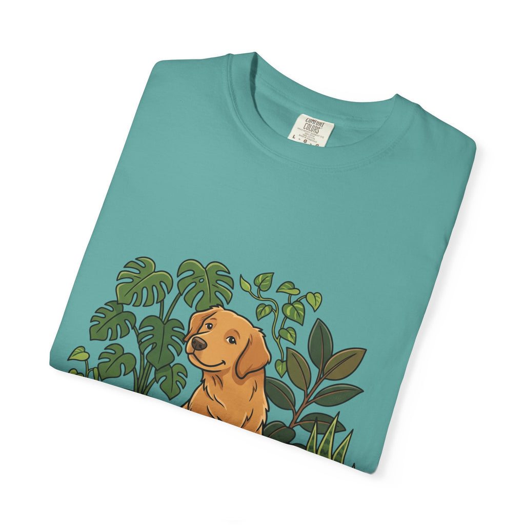 Plant Lover Dog T-Shirt — Golden Retriever with Houseplants Graphic Tee