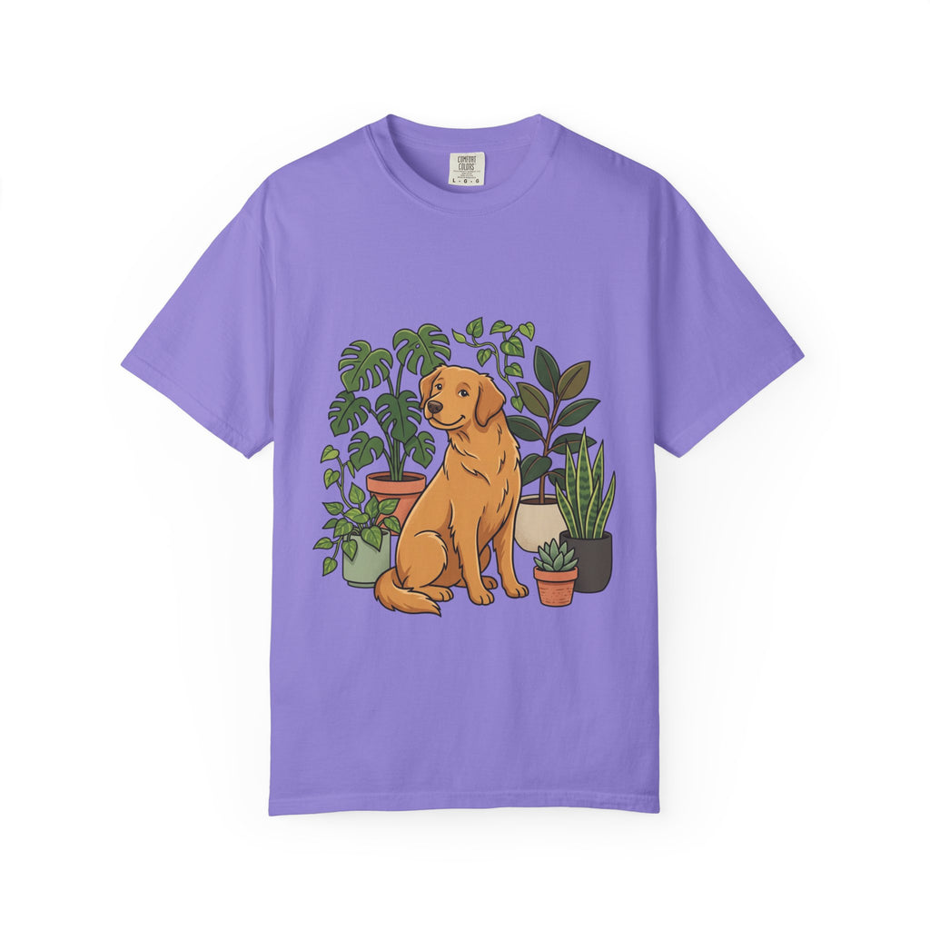 Plant Lover Dog T-Shirt — Golden Retriever with Houseplants Graphic Tee