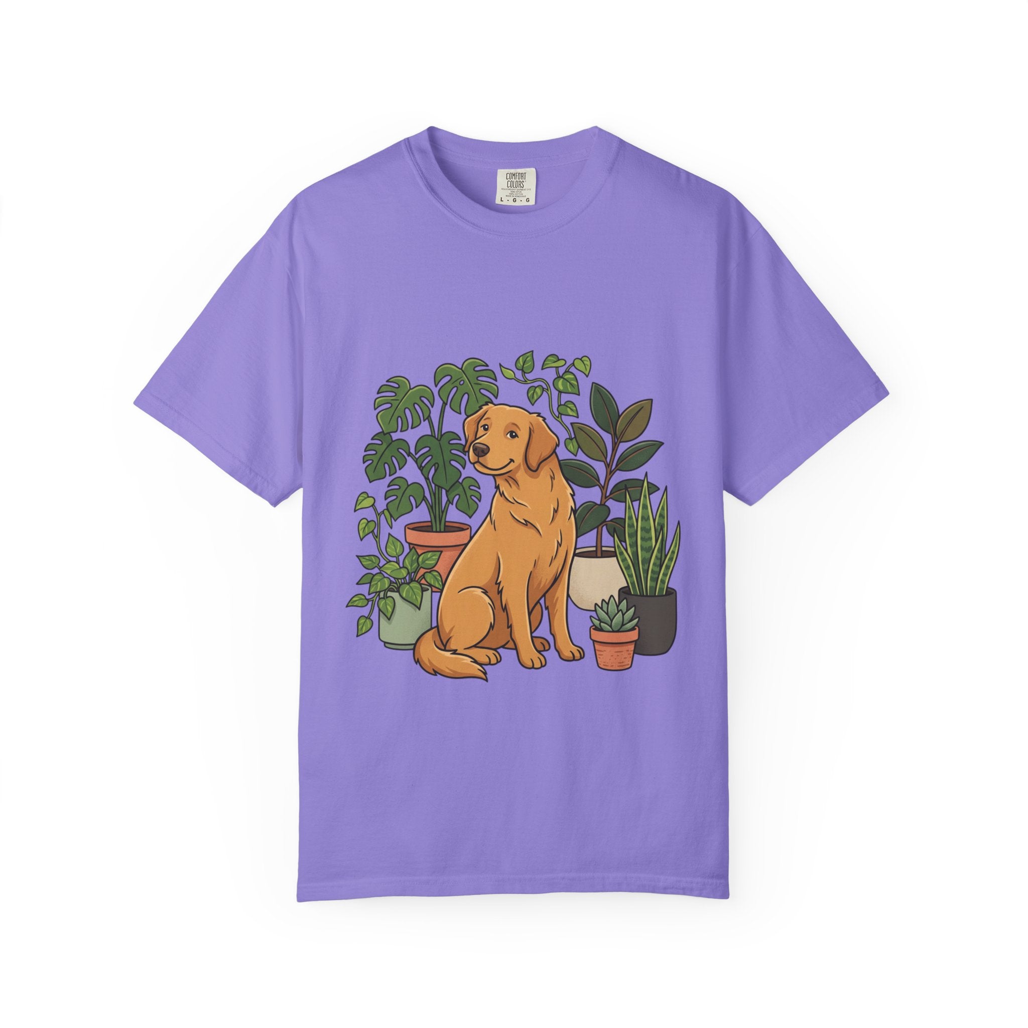 Plant Lover Dog T-Shirt — Golden Retriever with Houseplants Graphic Tee