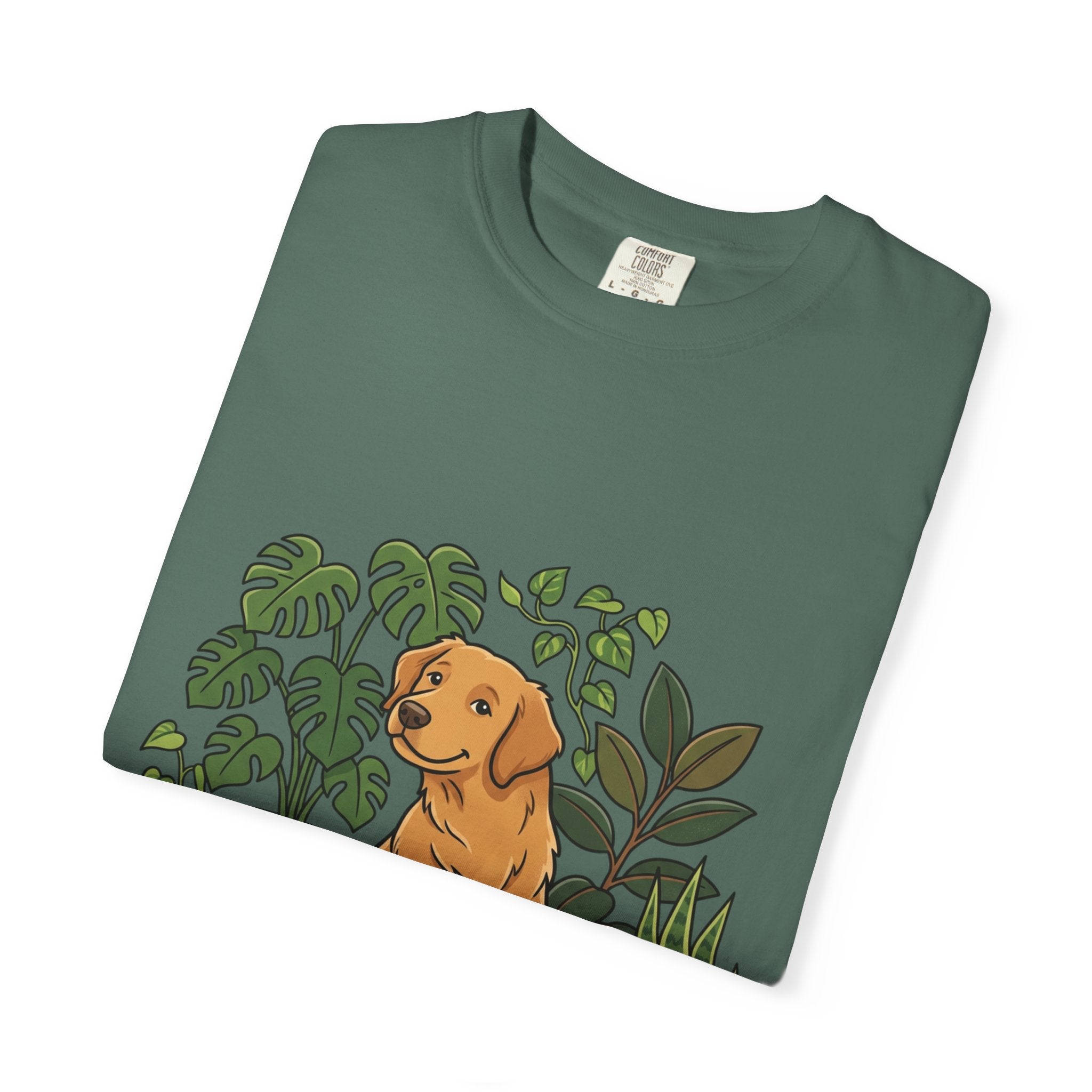 Plant Lover Dog T-Shirt — Golden Retriever with Houseplants Graphic Tee