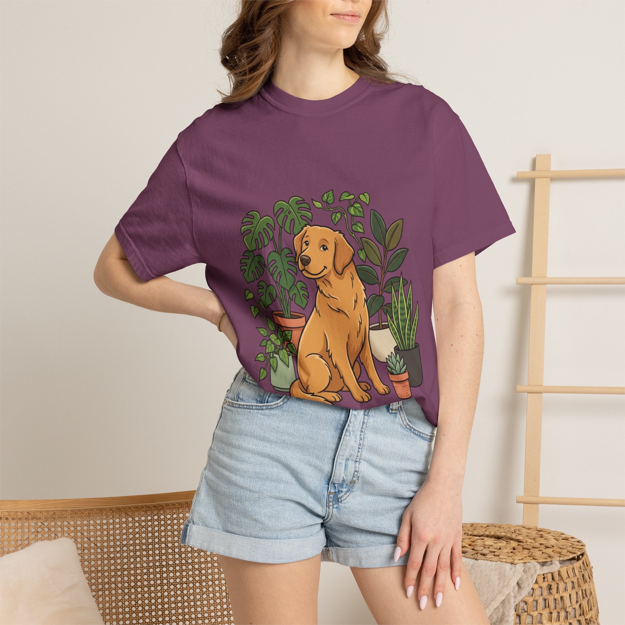 Plant Lover Dog T-Shirt — Golden Retriever with Houseplants Graphic Tee