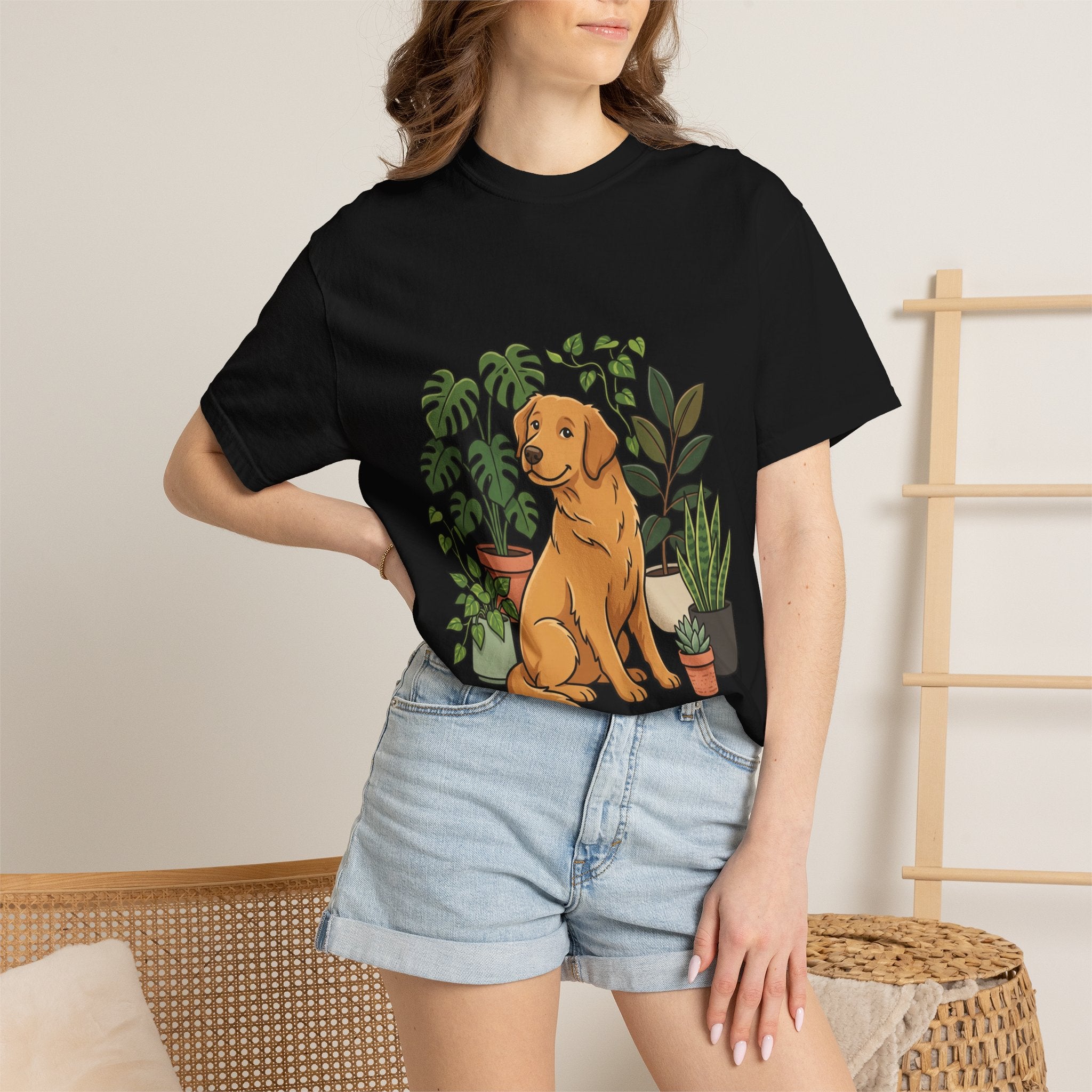 Plant Lover Dog T-Shirt — Golden Retriever with Houseplants Graphic Tee