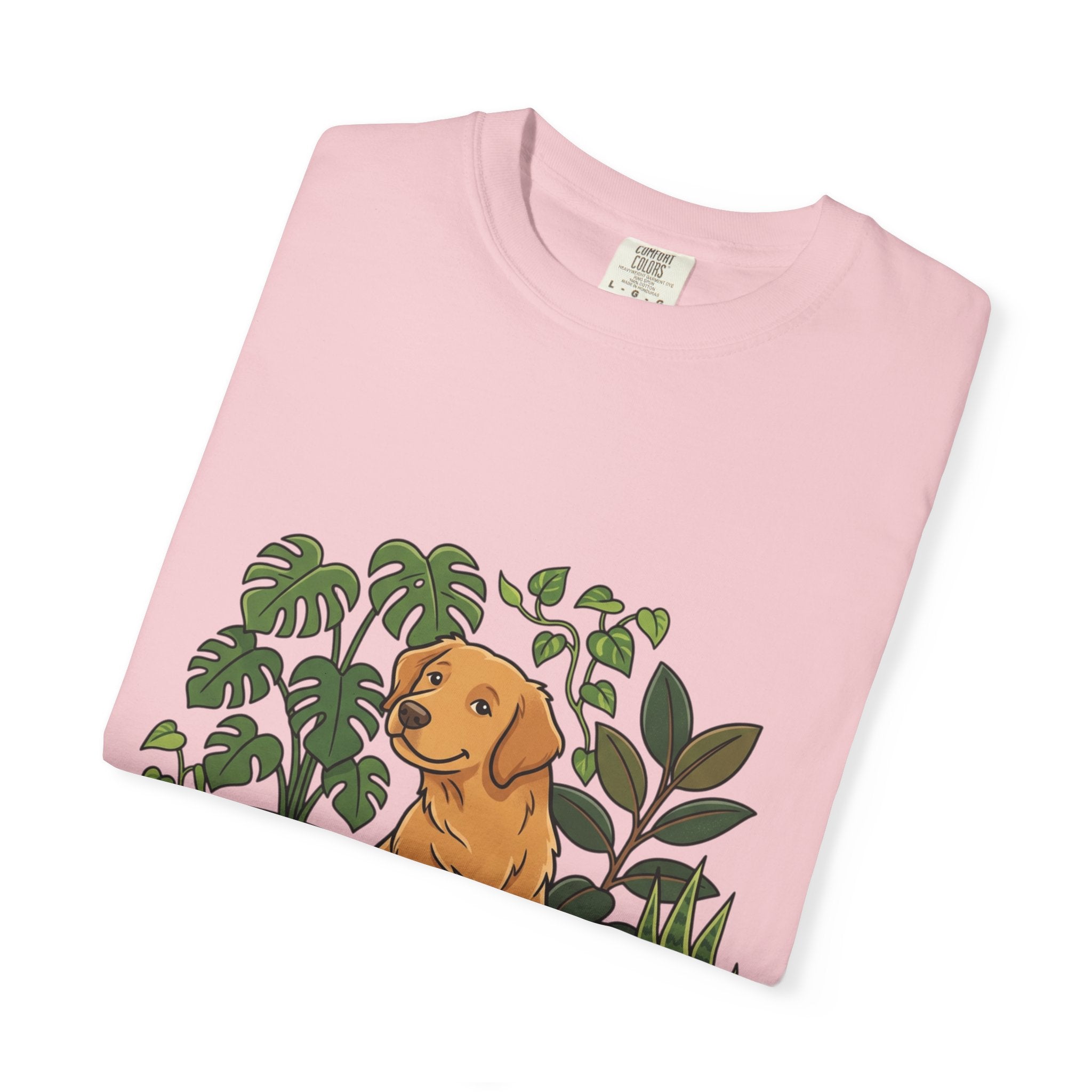 Plant Lover Dog T-Shirt — Golden Retriever with Houseplants Graphic Tee