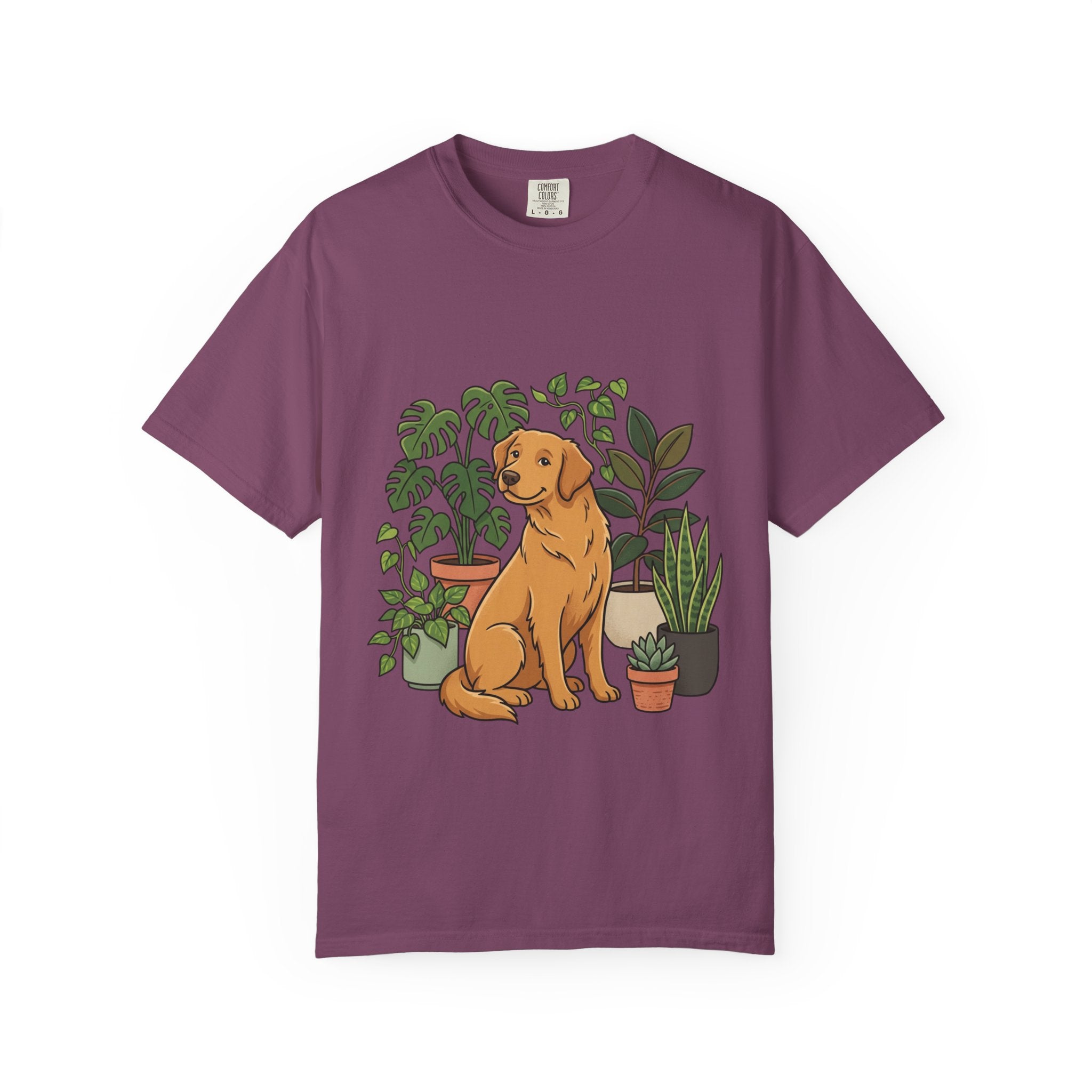 Plant Lover Dog T-Shirt — Golden Retriever with Houseplants Graphic Tee