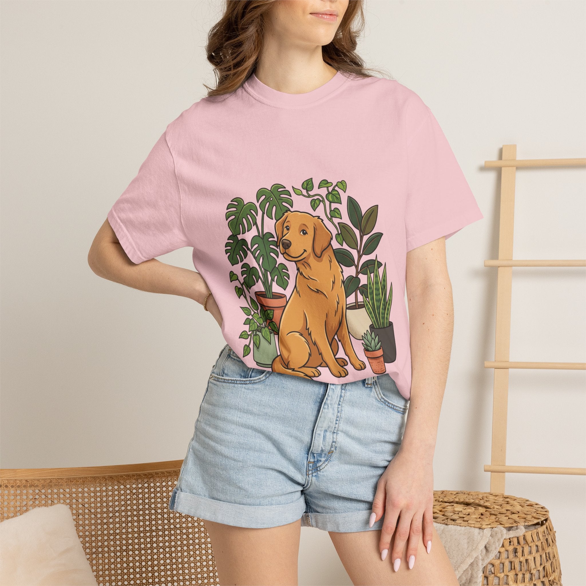 Plant Lover Dog T-Shirt — Golden Retriever with Houseplants Graphic Tee