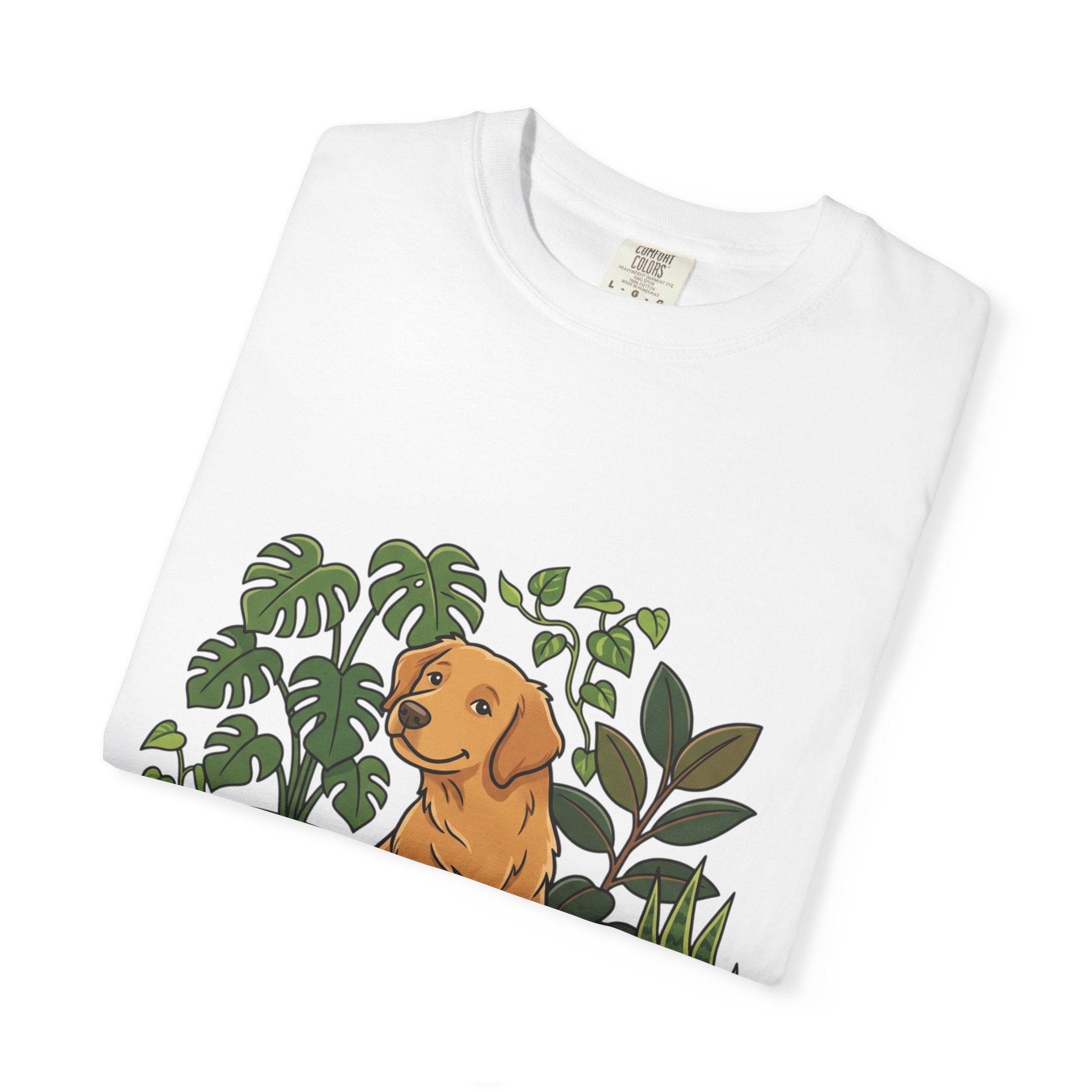 Plant Lover Dog T-Shirt — Golden Retriever with Houseplants Graphic Tee