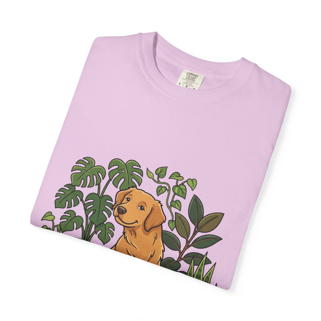 Plant Lover Dog T-Shirt — Golden Retriever with Houseplants Graphic Tee