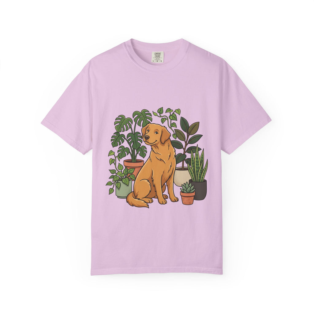 Plant Lover Dog T-Shirt — Golden Retriever with Houseplants Graphic Tee