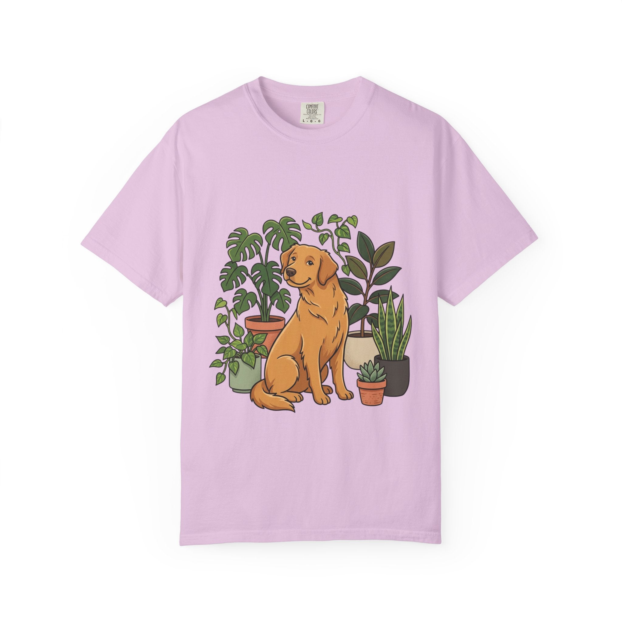 Plant Lover Dog T-Shirt — Golden Retriever with Houseplants Graphic Tee