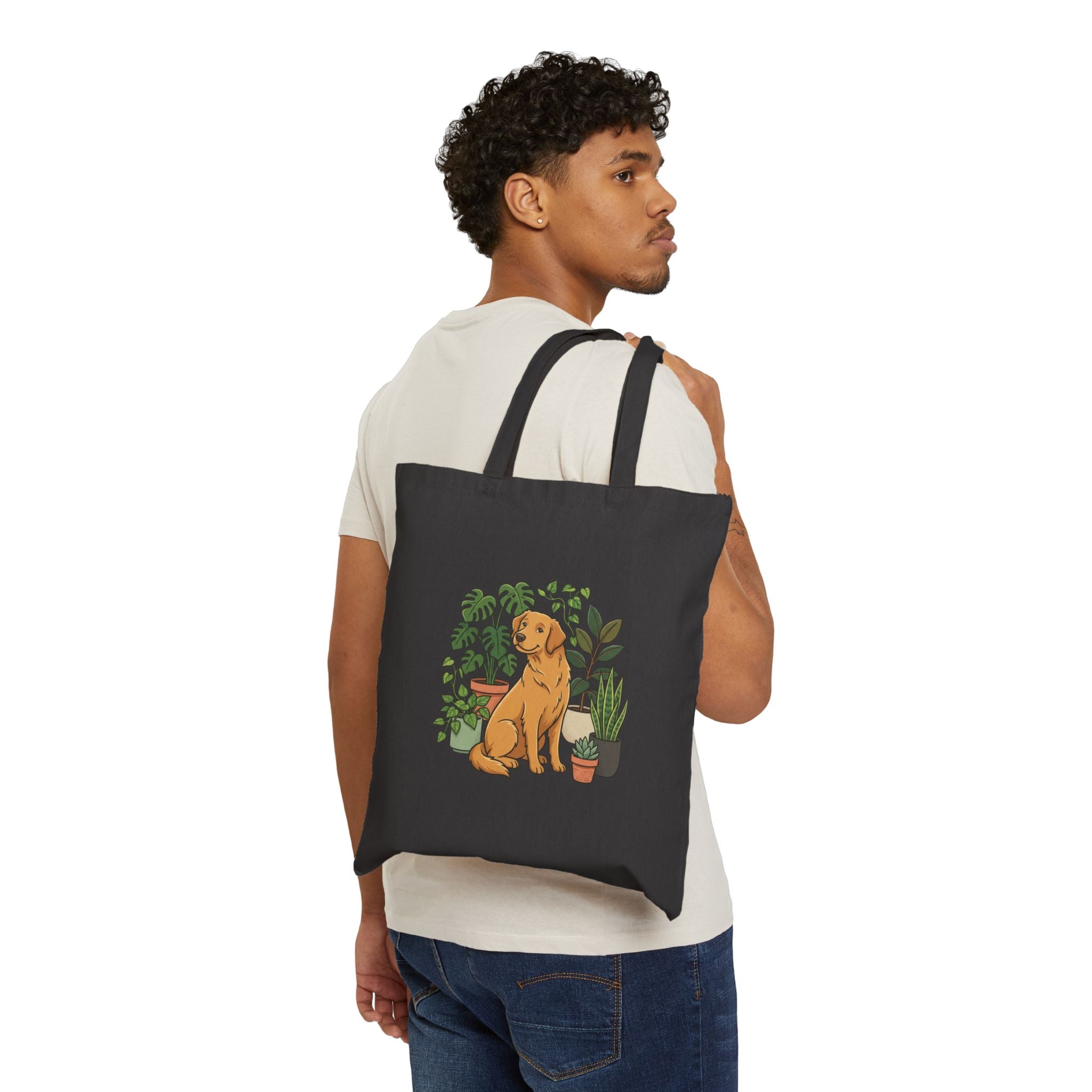 Canvas Tote Bag — Golden Retriever with Houseplants Illustration
