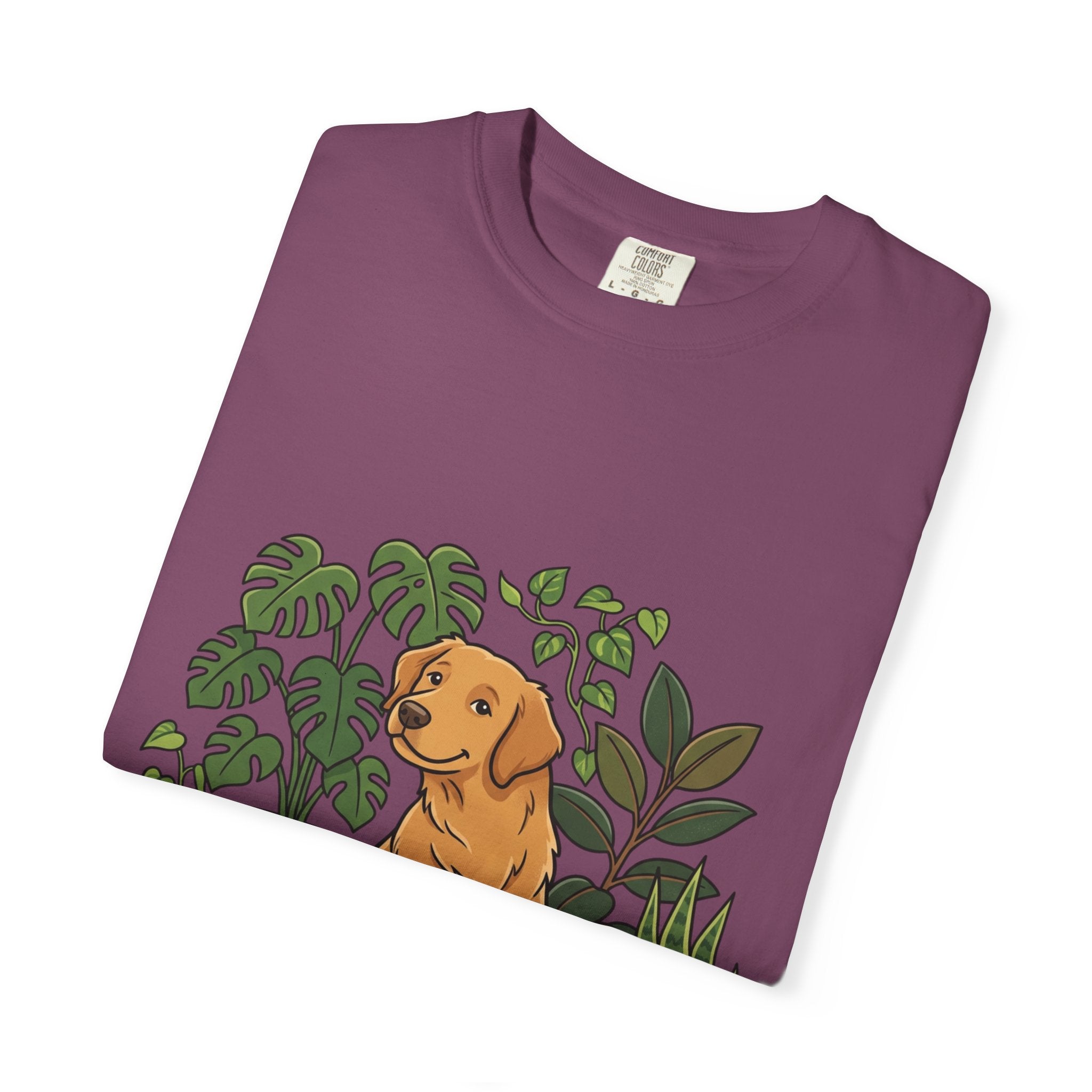 Plant Lover Dog T-Shirt — Golden Retriever with Houseplants Graphic Tee